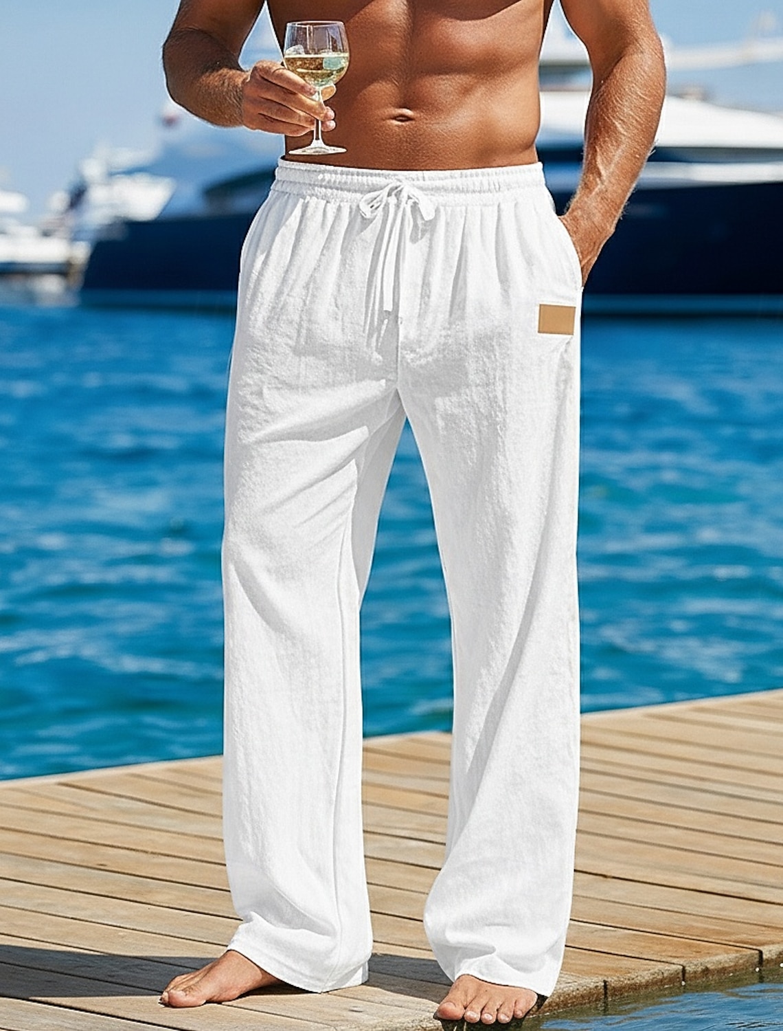 Men's Linen Pants Trousers Summer Pants Baggy Pants Beach Pants Drawstring Elastic Waist Straight Leg Solid Color Plain Comfort Comfortable Full Length Outdoor Beach Holiday Vacation Fashion Black