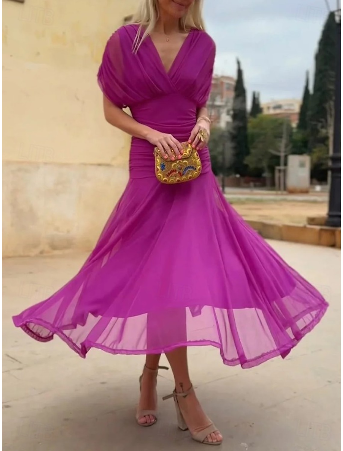 Women's Midi Dress Sheath Dress Vacation Birthday Beach Party Going out Regular Fit Solid Color Short Sleeve V Neck dark brown Deep Green Navy Red Summer Spring