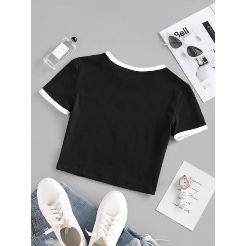 Butterfly Daisy Print Cropped Ringer Tee WL9405