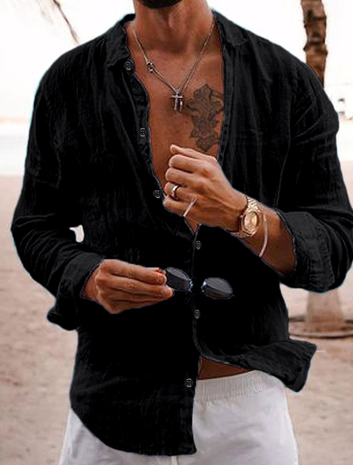 Men's Linen Shirt Casual Beach Button Up Untucked Shirts Plain