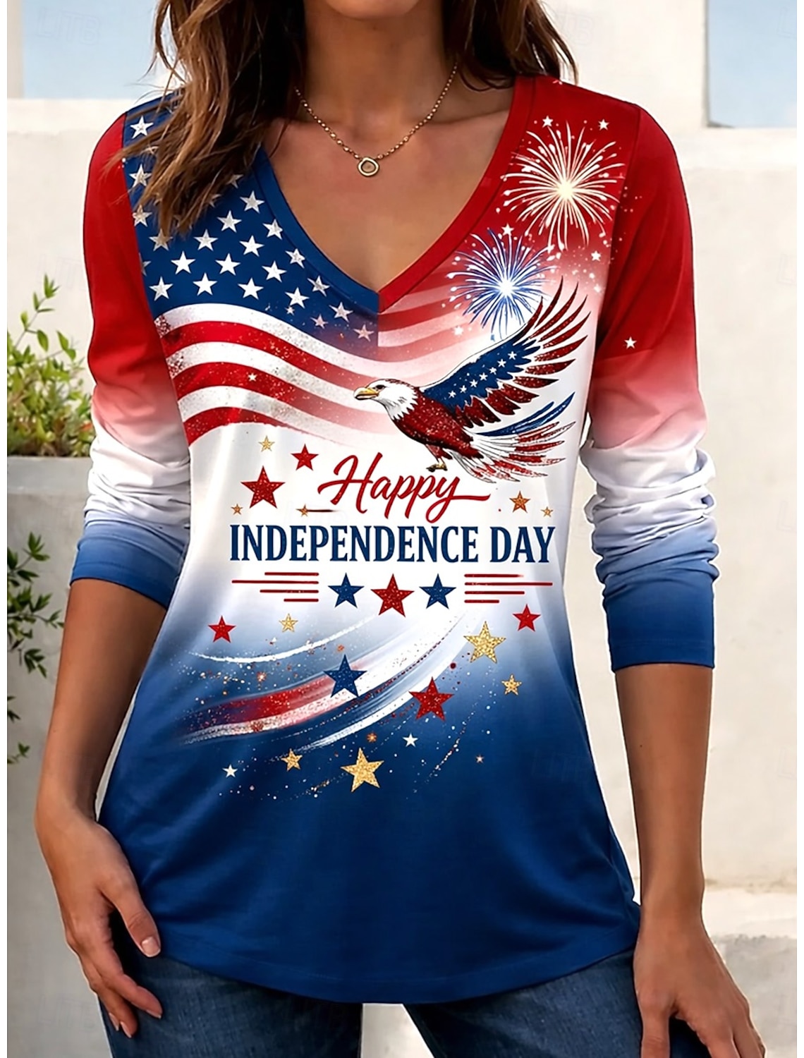 Independence Day PatrioticWomen's T Shirt Print Graphic Flag American Flag Stylish Classic Casual Long Sleeve Crew Neck Regular Tops Daily Blue Black White Red Summer Spring