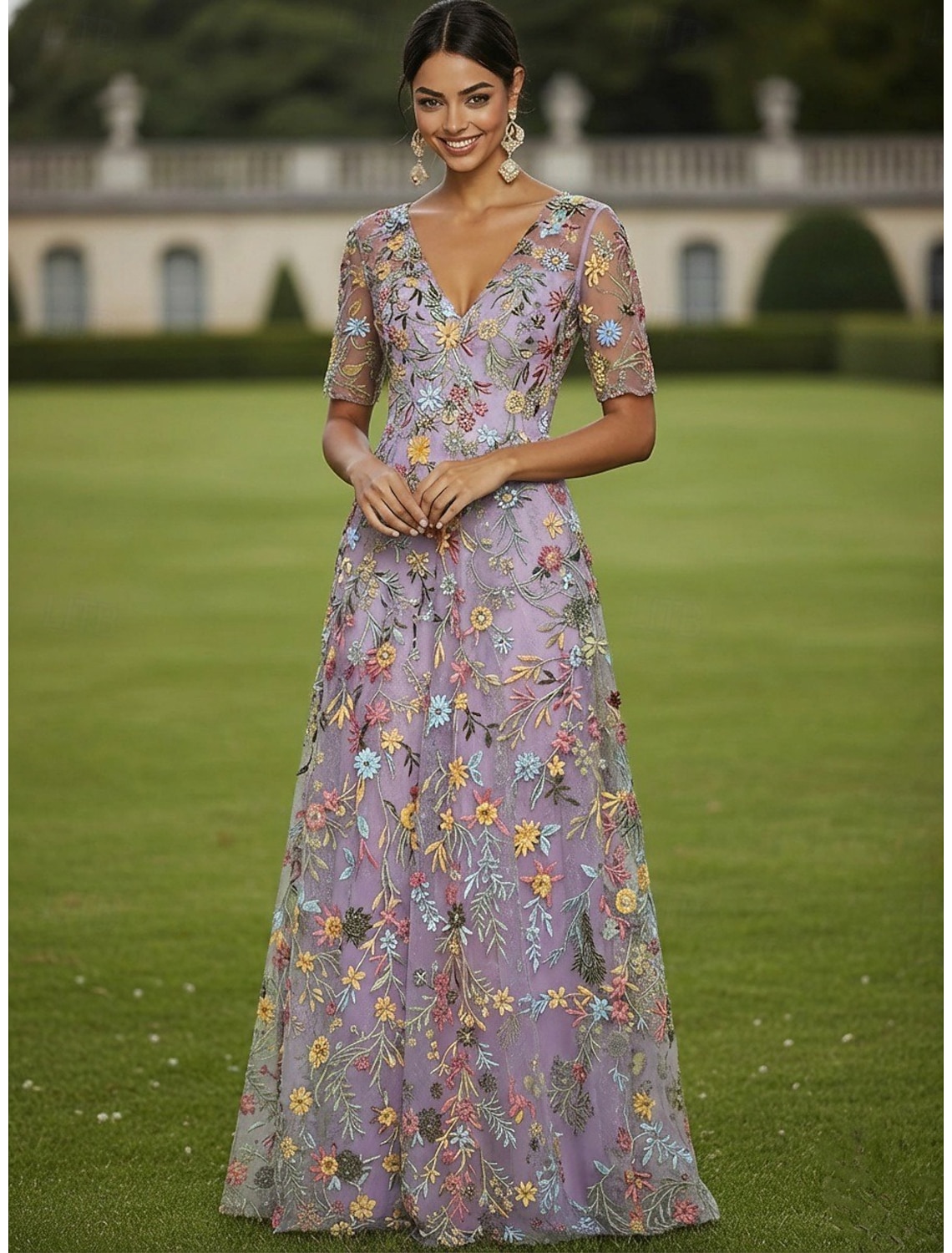 A-Line Dress Tea Length Cocktail Dress Wedding Guest Dress Mother of the Bride Dress Half Sleeve Crew Neck Boat Neck Elegant Casual Formal Kentucky Derby Semi Formal Tulle with Embroidery Appliques