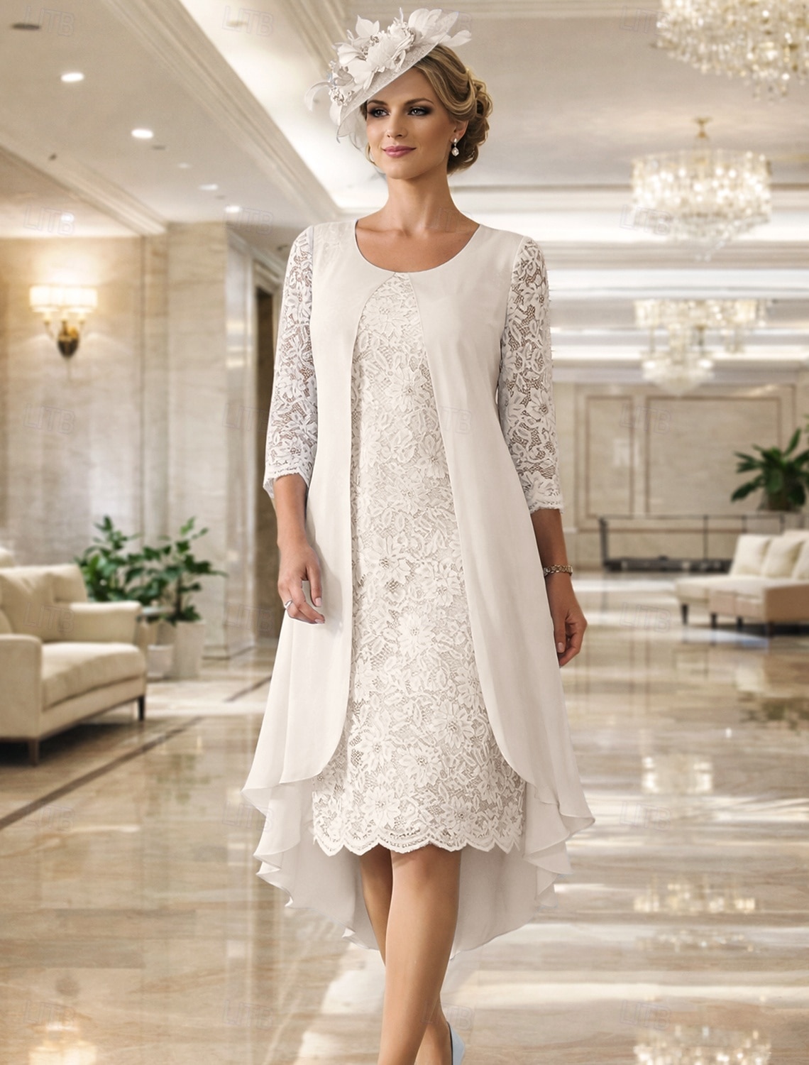 Two Piece A-Line Knee Length Wedding Guest Dress Mother of the Bride Dress Sleeveless Scoop Neck Elegant Wedding Guest Wedding Party Chiffon Lace Jacket Dresses with Pleats Appliques