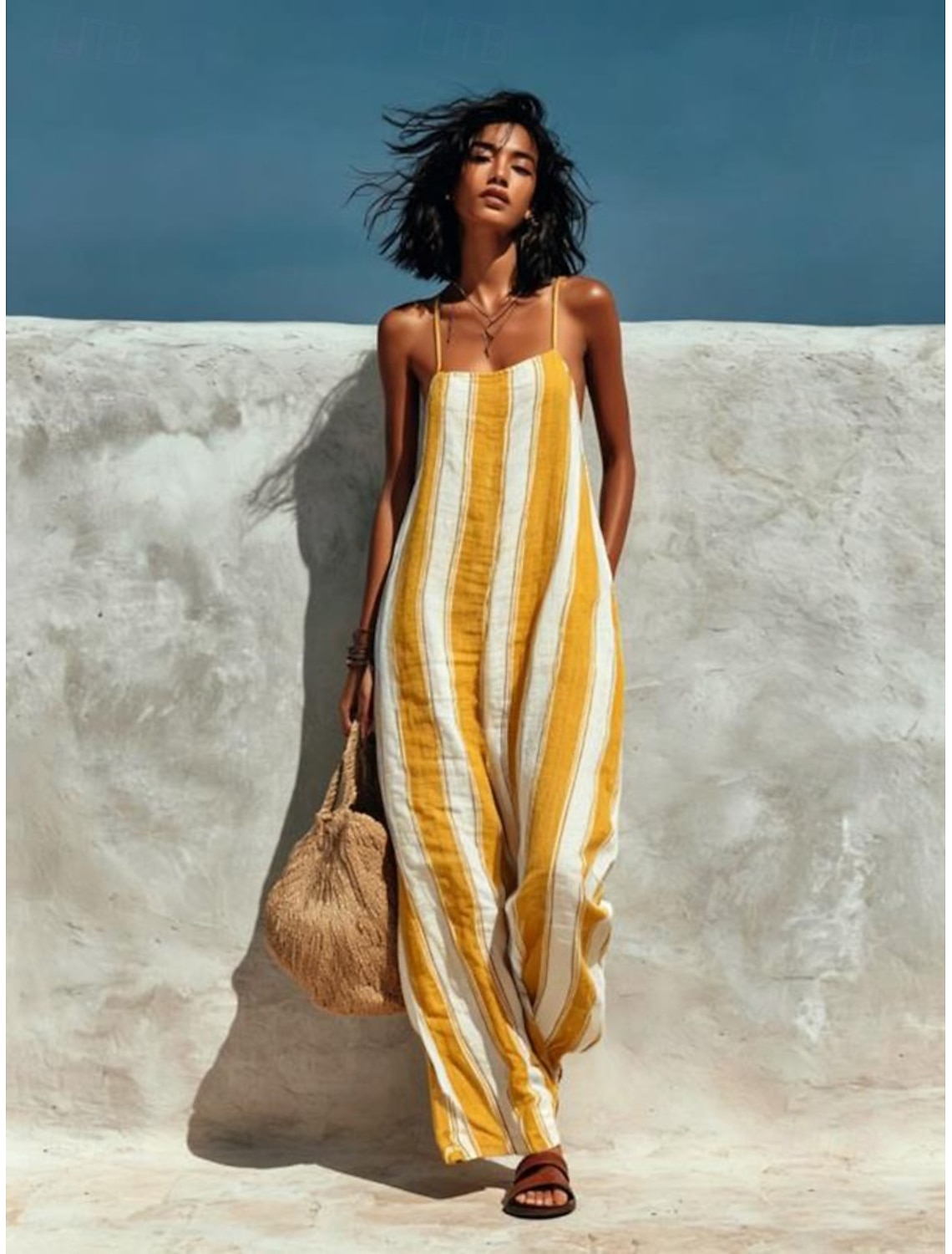 Women's Jumpsuit Vacation Full Length High Waist Striped Pocket Micro-elastic Yellow Red Royal Blue Summer Spring Loose Fit
