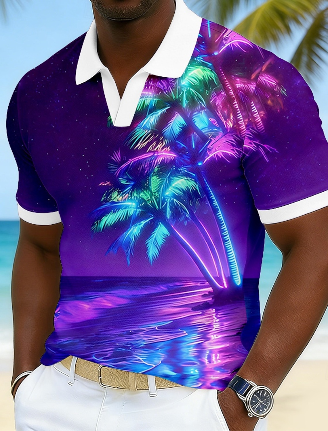 Men's Ombre Palm Tree Hawaiian Polo Shirts Short Sleeve Polo Shirts V Neck Casual Resort Athleisure Daily Wear Vacation Wear 3D Print Spring & Summer Blue Pink Purple