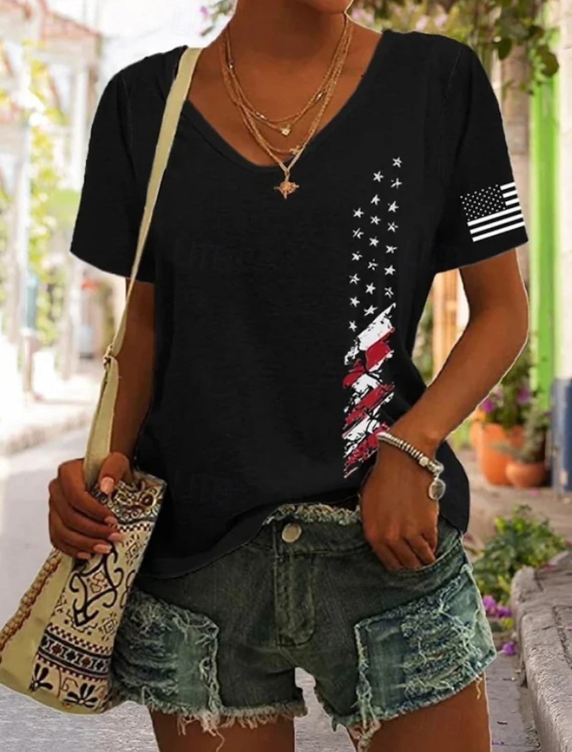 American Independence Day Women's T Shirt Print Graphic Flag Vintage Stylish Classic Short Sleeve V Neck Regular Tops Daily Ash Black White Summer Spring