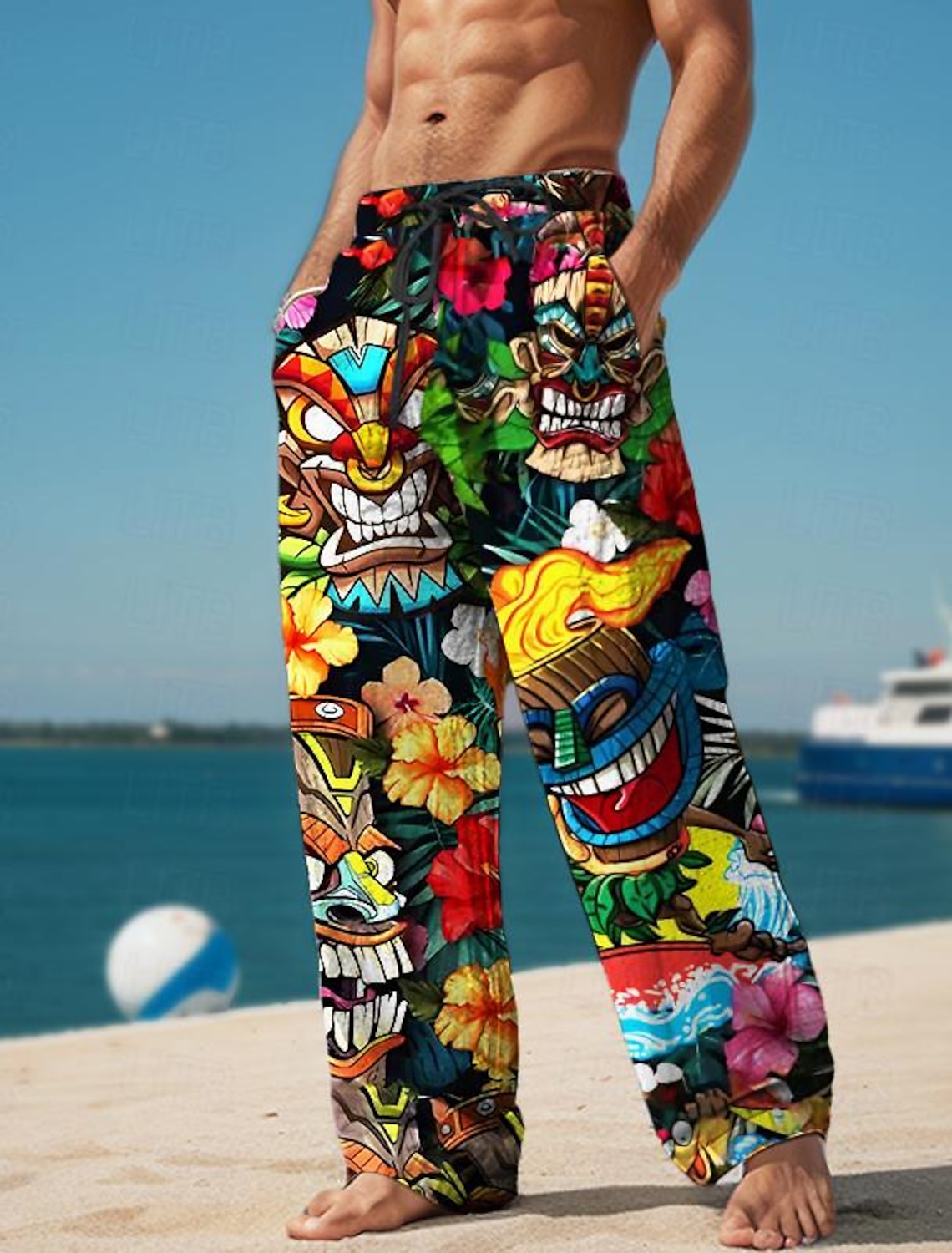 Tiki Tropical Aloha Men's Resort 3D Printed Casual Pants Trousers Elastic Waist Drawstring Loose Fit Straight-Leg Summer Beach Pants S TO 3XL