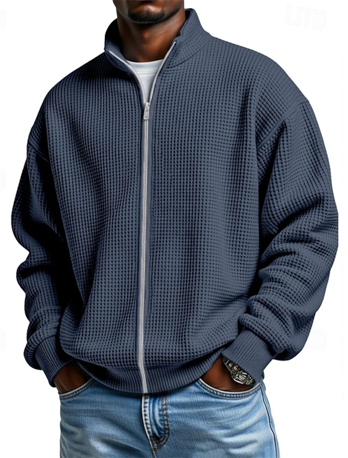 Men's Sweatshirt Waffle Sweatshirt Pullover Hoodie Sweatshirt Pullover Full Zip Sweatshirt Black Navy Blue Light Blue Standing Collar Plain Textured Casual Daily Sports & Outdoor Polyester Streetwear