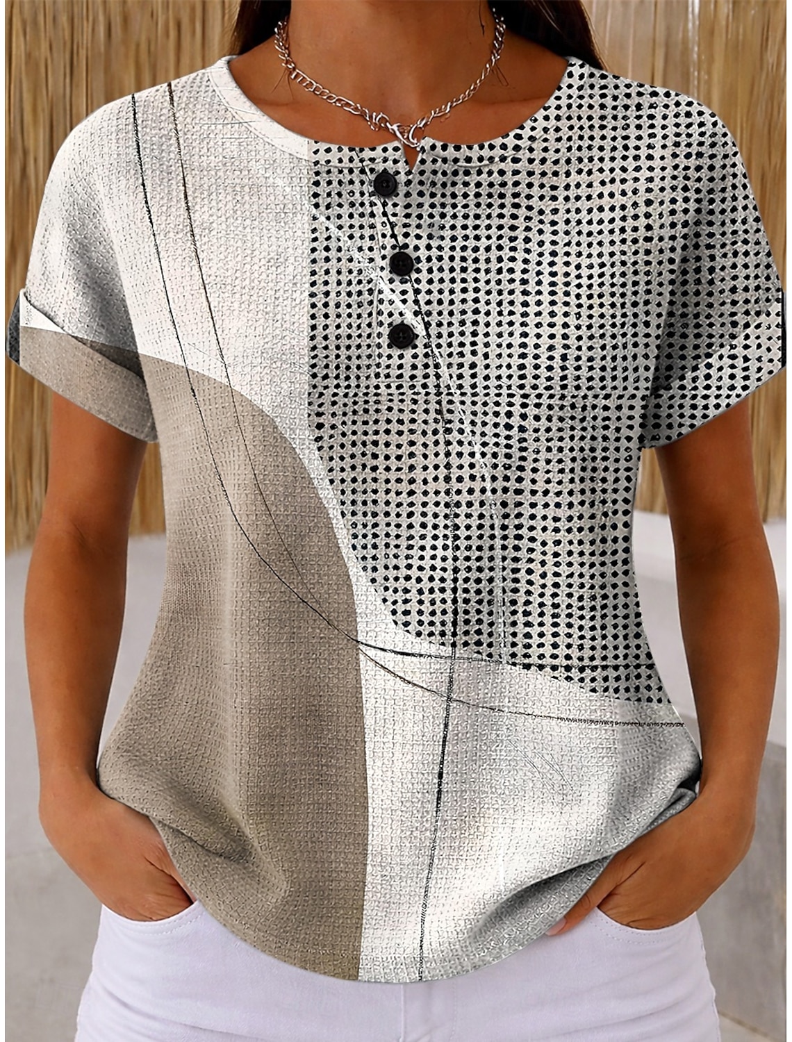 Women's Waffle T Shirt Color Block Print Graphic Geometric Abstract Vintage Stylish Classic Short Sleeve Crew Neck Long Tops Daily Blue Black Yellow Pink Dusty Blue Summer Spring