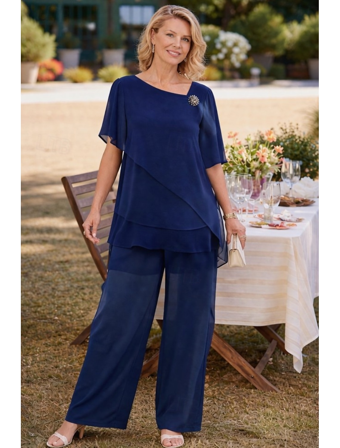 Women's Two Piece Sets Chiffon Short Sleeve Butterfly Sleeve Square Neck Solid Color Plain Layered Elegant Formal Wedding Guest Casual Daily Blue Sky Blue Summer Regular Fit