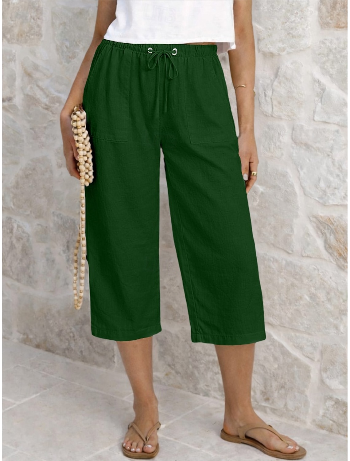 Women's Capri Pants Summer Shorts Cropped Pants Linen Capri Pants Fashion Basic Calf-Length Medium Waist Plain Drawstring Pocket Elastic Waist Lightweight Breathable Inelastic Vacation Street Daily