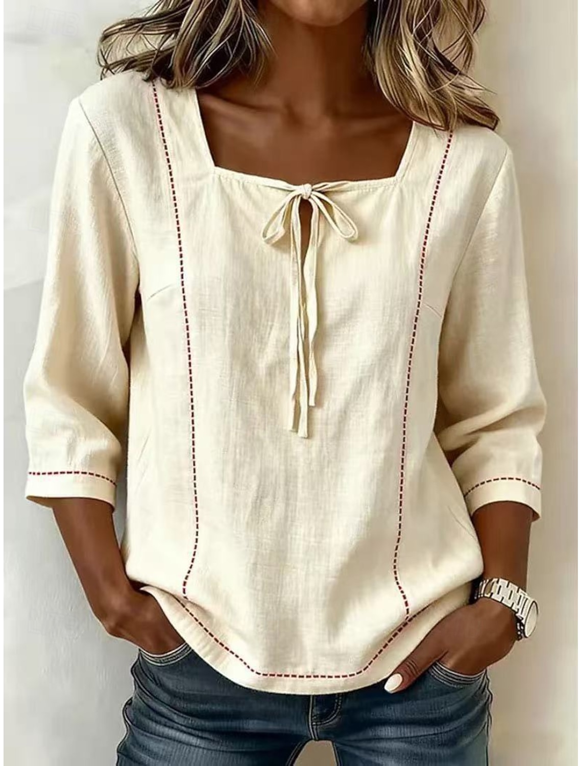 Women's Shirt Blouse Plain Striped Stylish Classic Modern 3/4 Length Sleeve Square Neck Long Tops Casual Daily Beach White Yellow Navy Blue Sky Blue Apricot Summer Spring