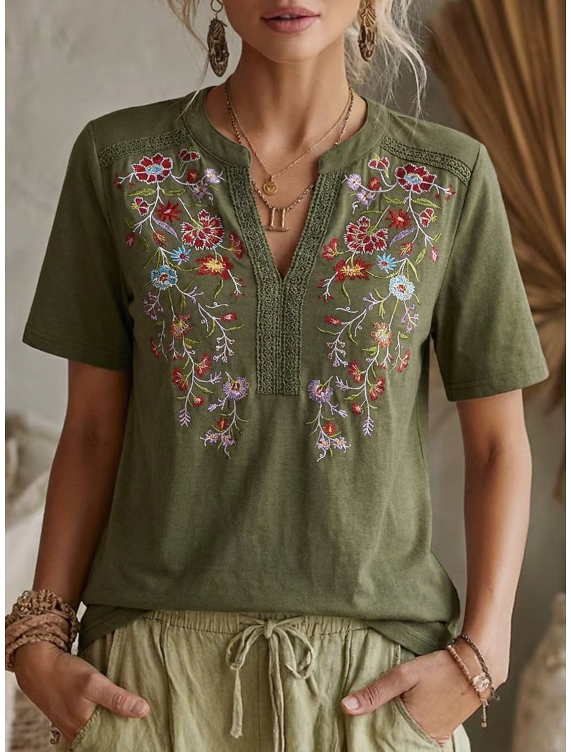 Women's Blouse Lace Tops Embroidery Shirts Lace Embroidered Floral Vintage Boho Short Sleeve V Neck Regular Tops Casual Holiday Summer Black Army Green Navy Blue Purple Brown Summer Spring