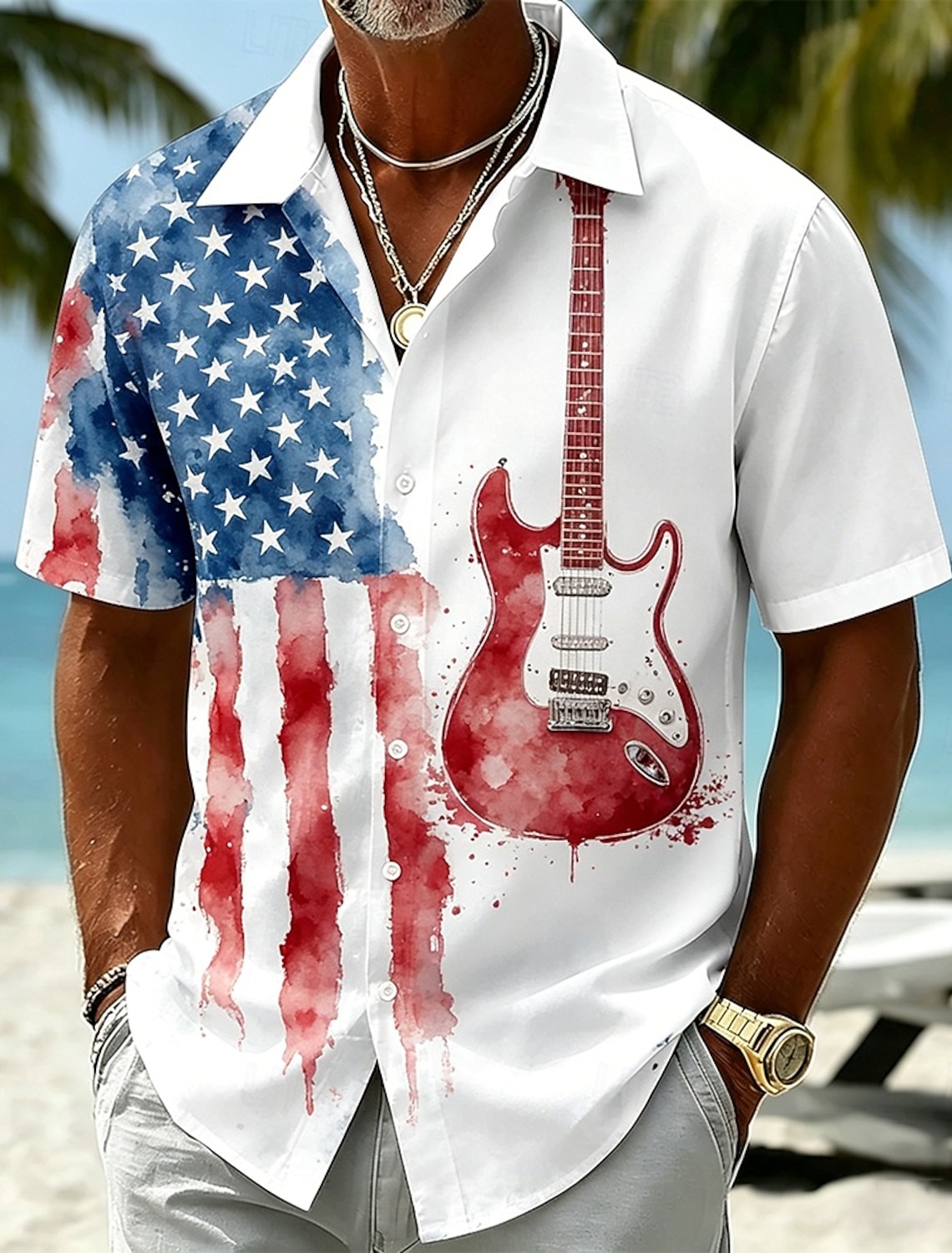 Men's 4th of July U.S. 250th Anniversary Guitar American Flag Shirt Summer Shirt Tropical Shirts Short Sleeve Patriotic Vacation Holiday Summer Spring Turndown 3D Print Button Up Shirts Blue Dark