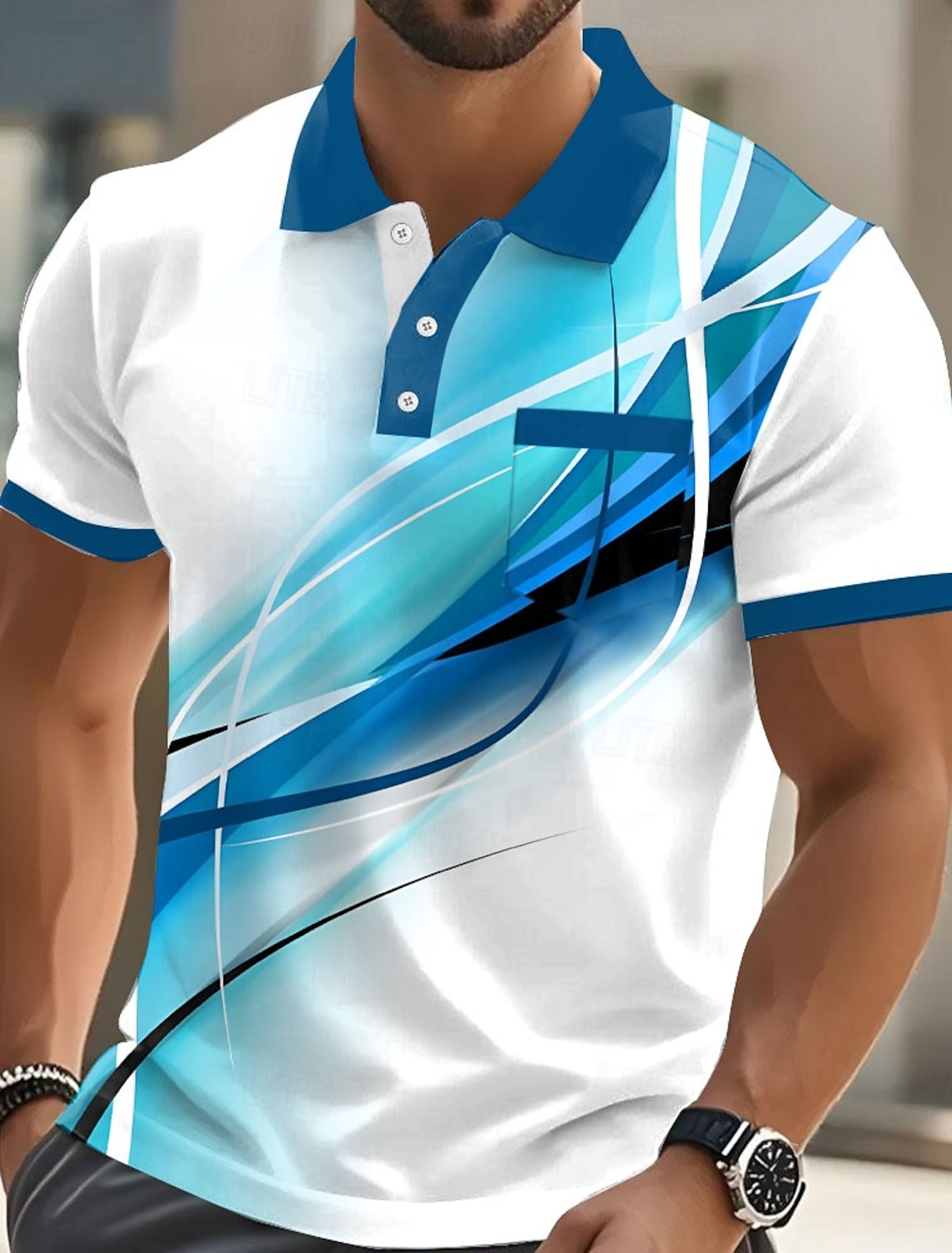 Men's Geometic Line Polo Shirts Short Sleeve Collared Business Casual