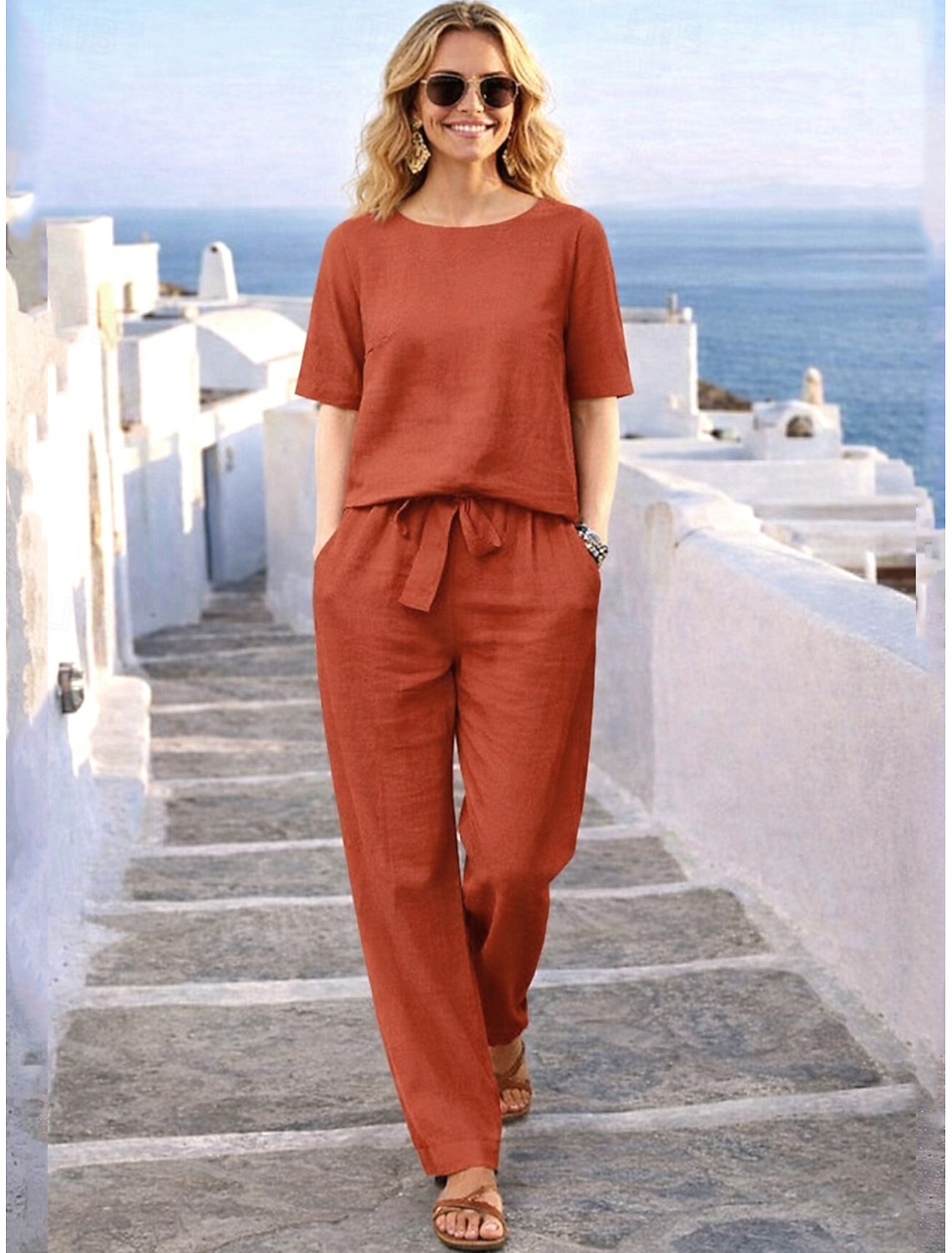 Women's Cotton Linen Sets 3/4 Length Sleeve Stand Collar Solid Color Daily Distressed Casual Daily Black Yellow Wine Summer Loose Fit
