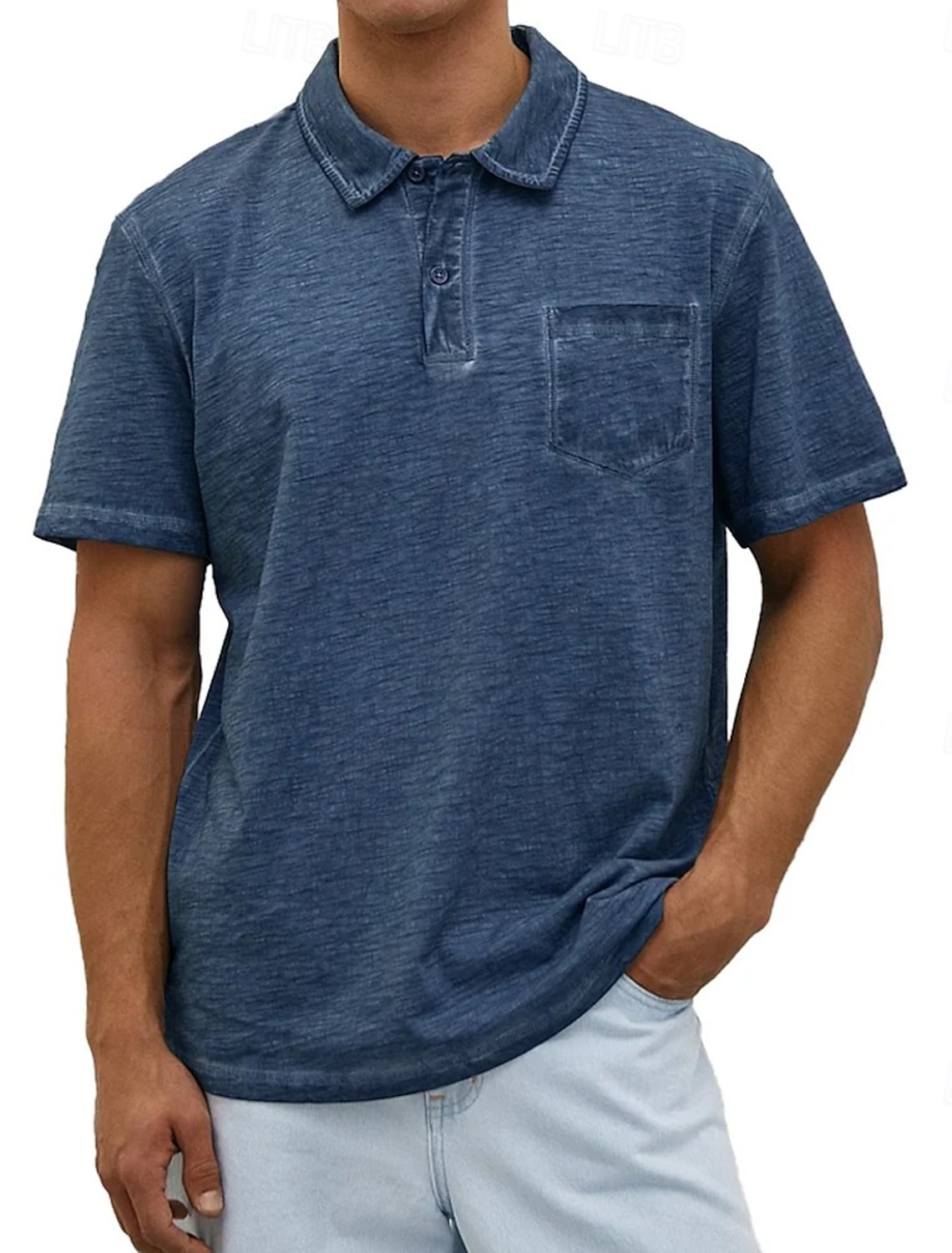 Men's Polo Shirts 100% Cotton Acid Wash Shirt Casual Holiday Lapel