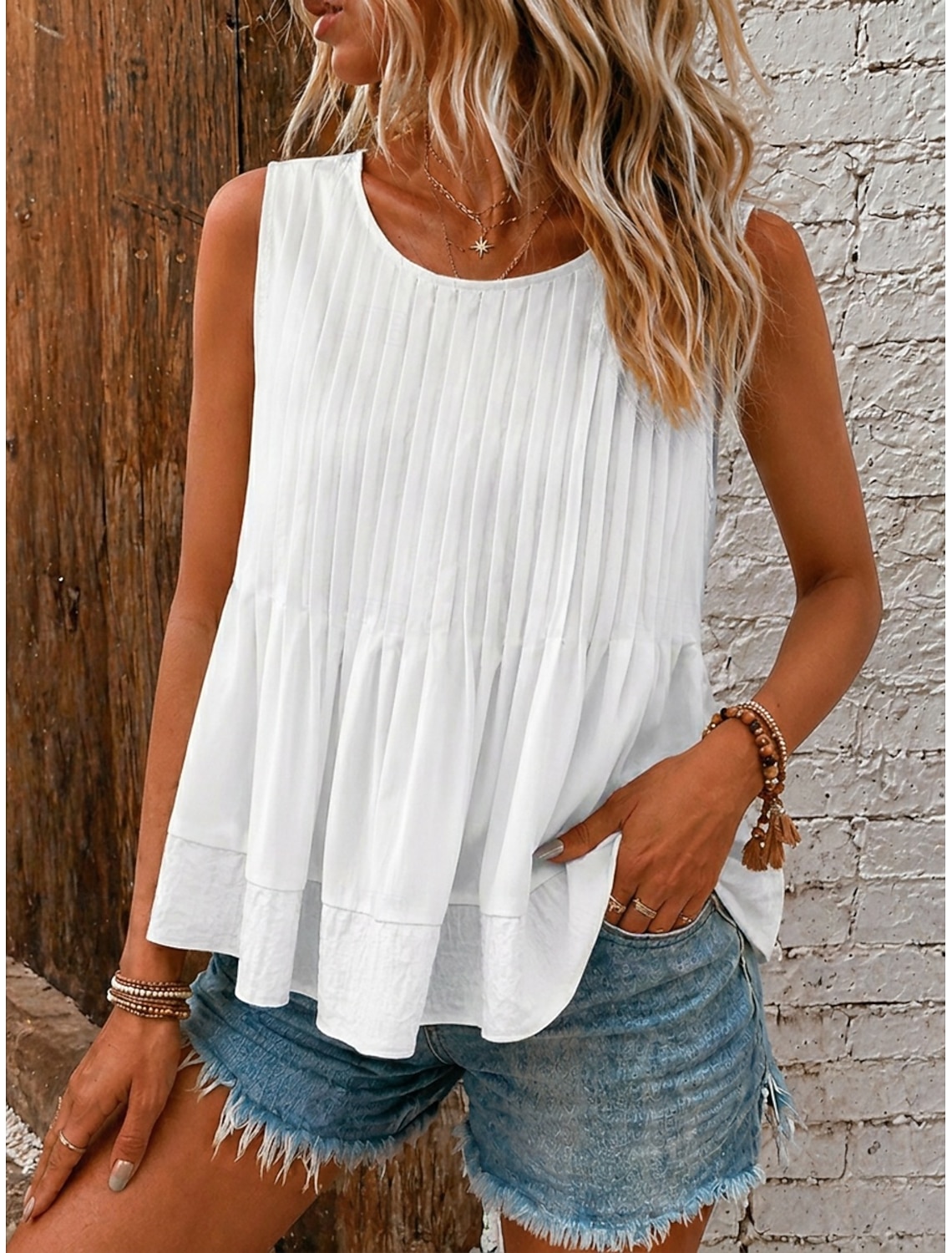 Women's Blouse Texture Pleated Patchwork Vintage Sleeveless Regular Tops Casual Blue White Yellow Pink Red Summer Spring