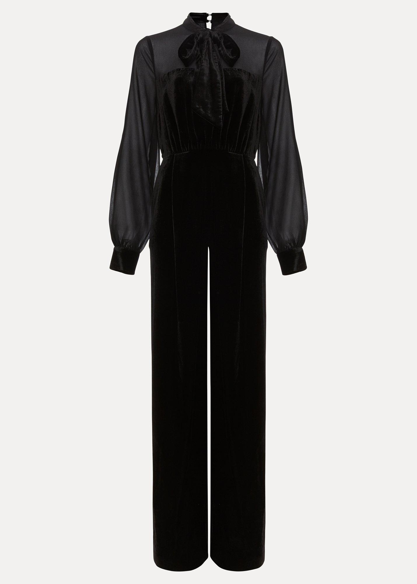 Petite Magie Black Velvet Tie Neck Jumpsuit
