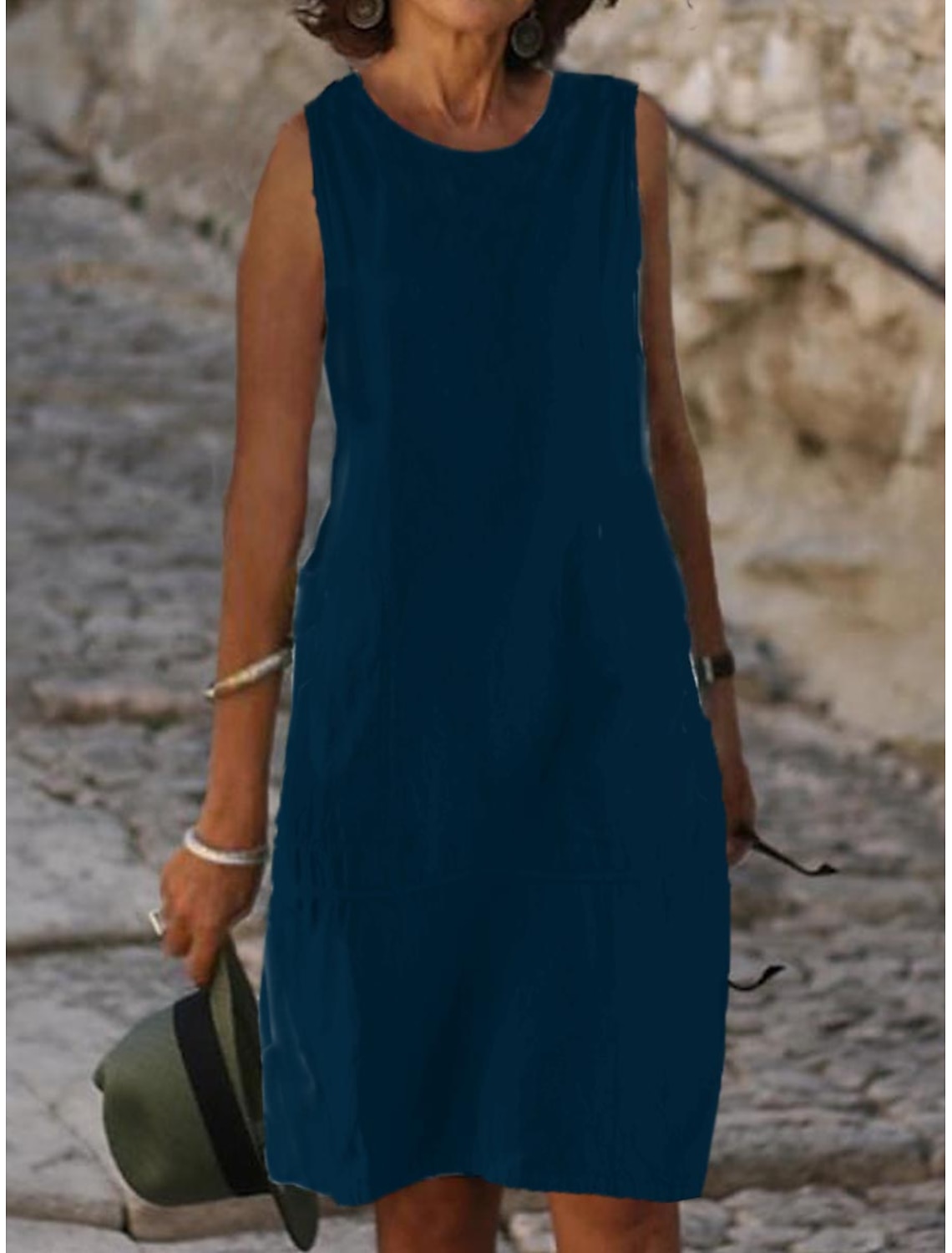 Women's Midi Dress Shift Dress Sundress White Dress Cotton Linen Dresses Classic Casual Daily Vacation Loose Fit Plain Sleeveless U Neck Blue Light Blue Black White Summer Spring