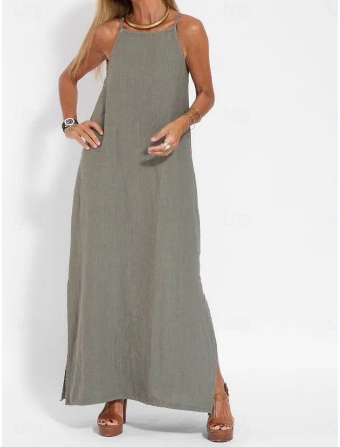 Women's Maxi Dress Cotton Blend Shift Dress Sundress Casual Dress Basic Casual Daily Vacation Regular Fit Plain Sleeveless Strap White Army Green Summer