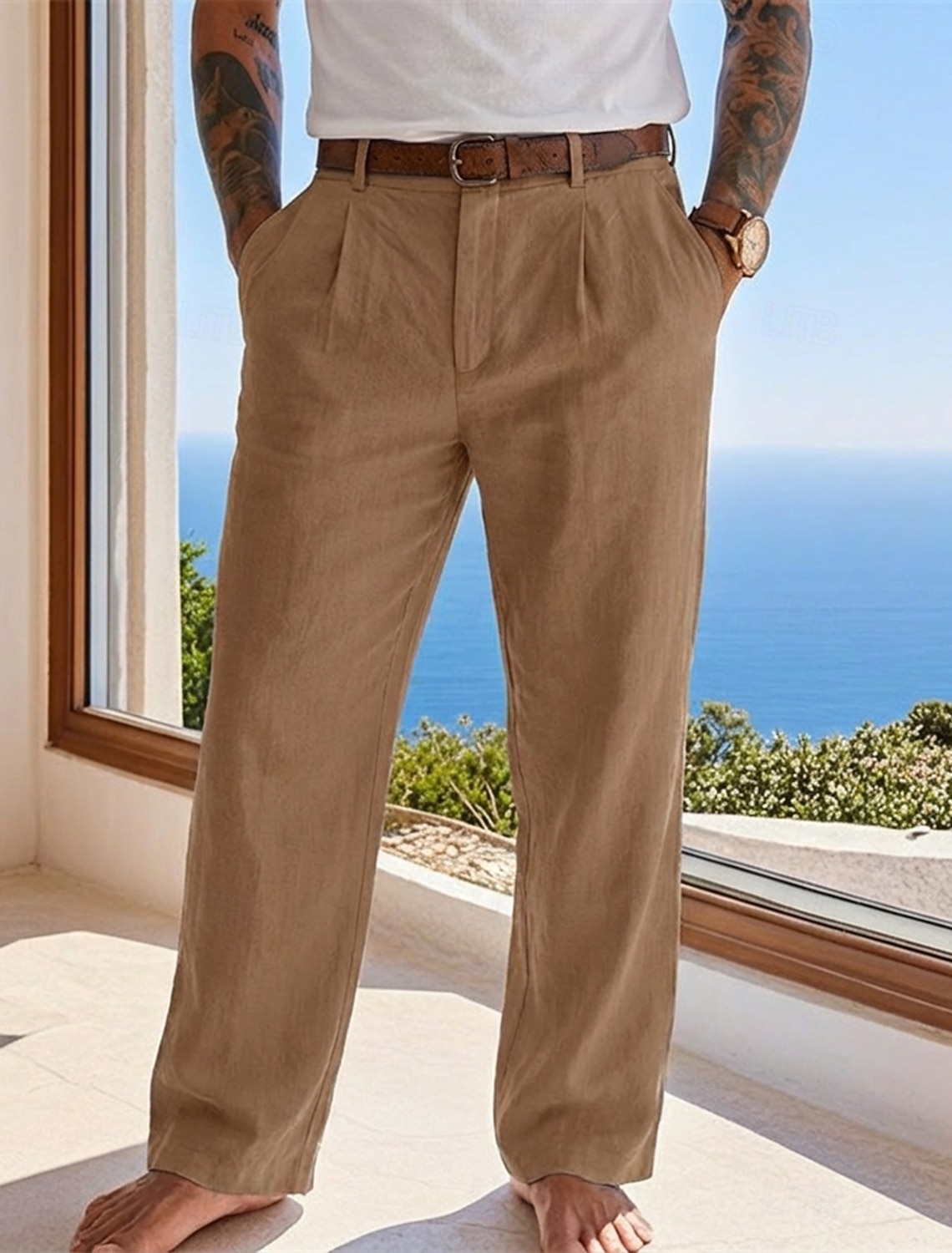 Men's Cotton Linen Pants Trousers Summer Pants Baggy Pants Beach Pants Pocket Solid Color Comfort Breathable Full Length Casual Daily Outdoor Vacation Fashion Blue Black Inelastic