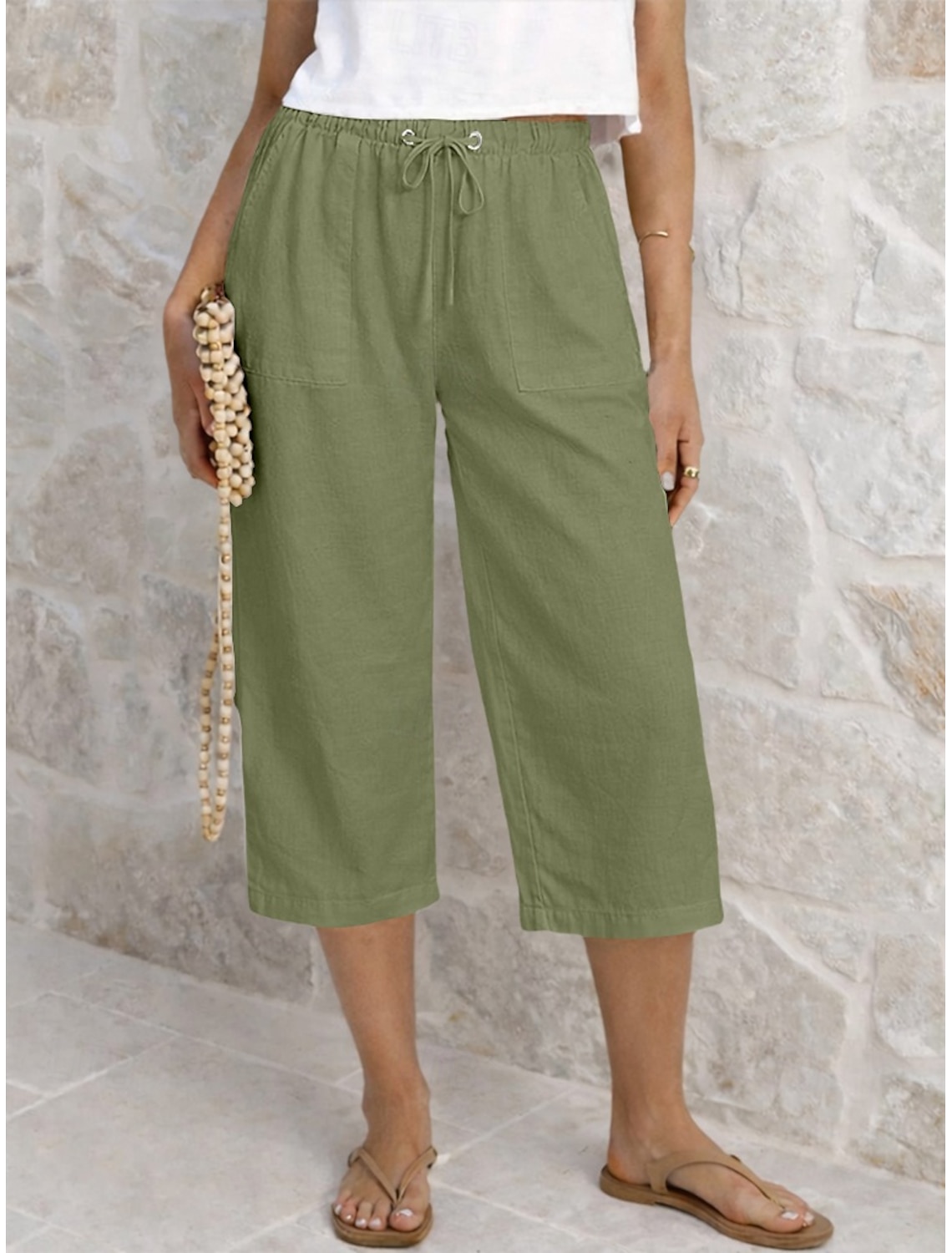 Women's Capri Pants Summer Shorts Cropped Pants Linen Capri Pants Fashion Basic Calf-Length Medium Waist Plain Drawstring Pocket Elastic Waist Lightweight Breathable Inelastic Vacation Street Daily