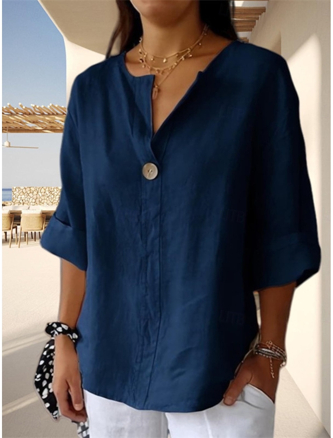 Women's Shirt Linen-feel Shirts Blouse Buttons Plain Stylish 3/4 Length Sleeve V Neck Regular Tops Daily Holiday Going out Black Army Green Red Navy Blue Light Blue Summer Spring