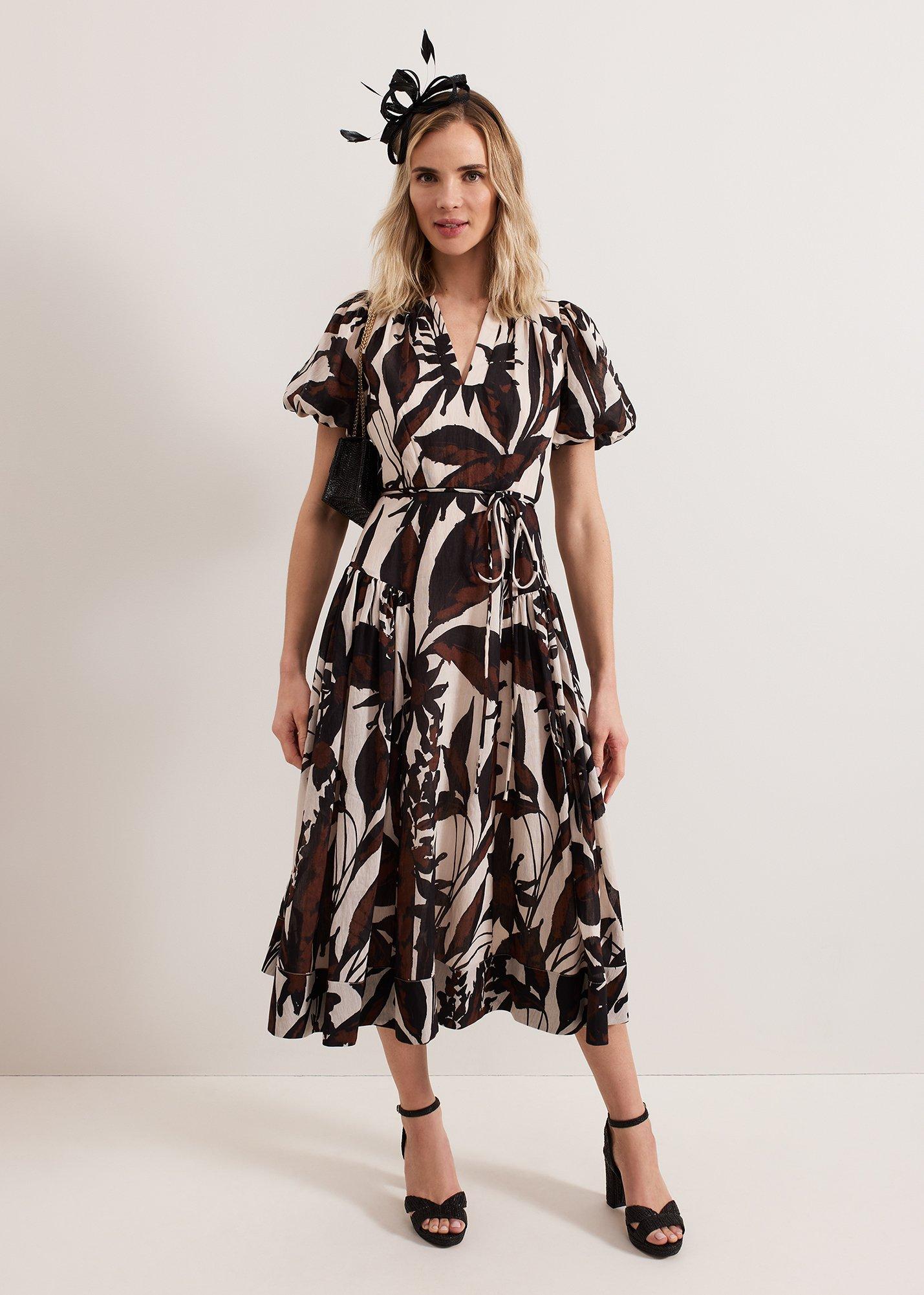 Zarah Printed Puff Sleeve V Neck Midi Dress