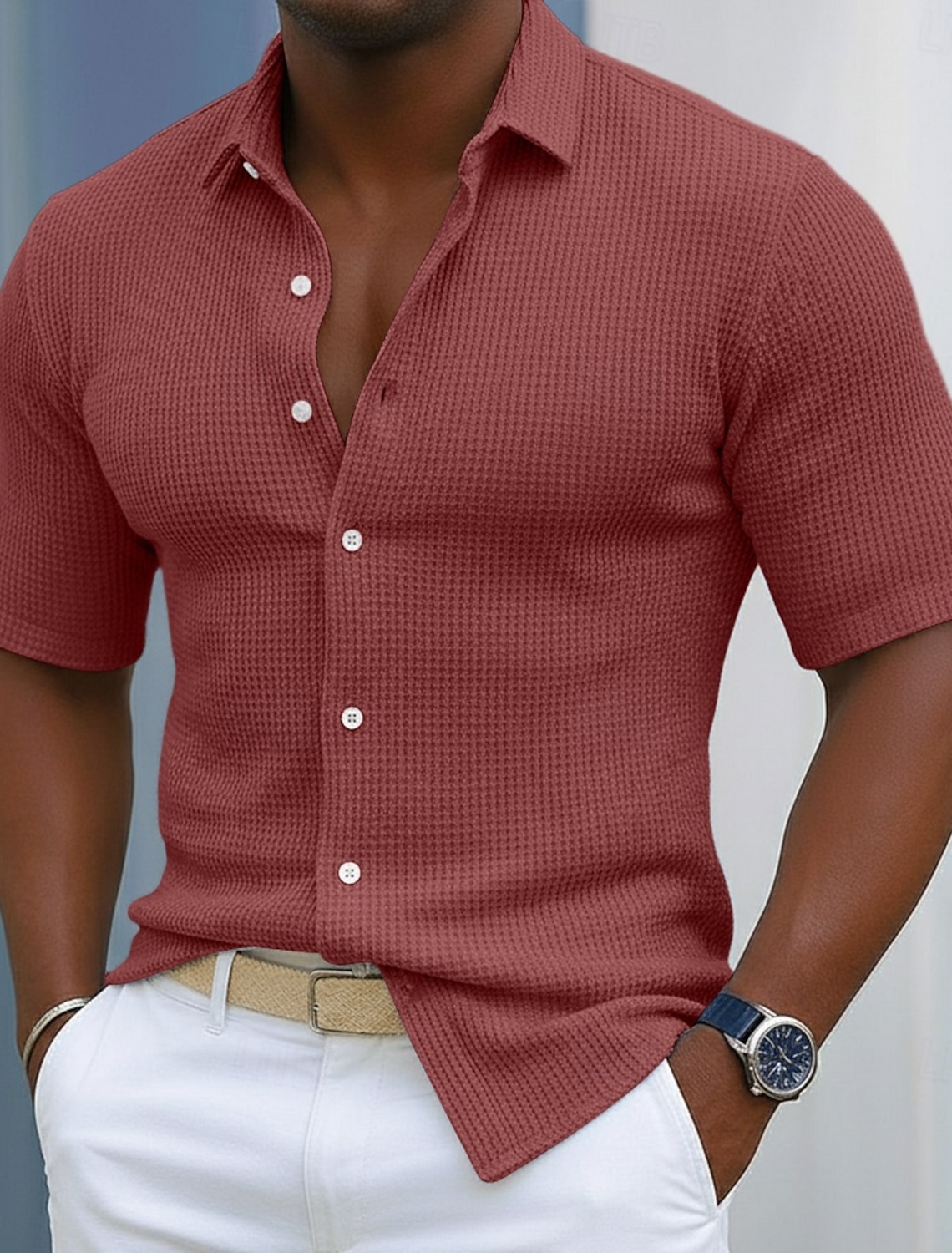 Men's Shirt Waffle Texture Casual Button Up Black White Wine Navy B #2