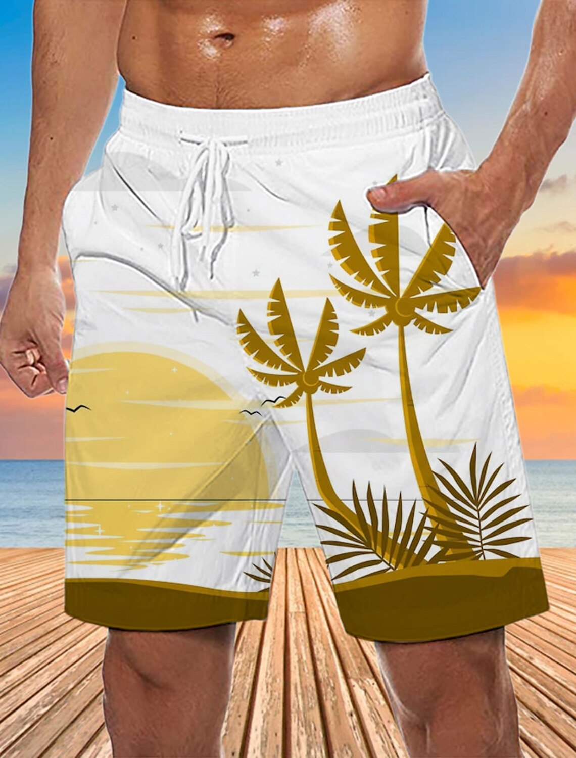 Men's Graphic Coconut Tree Swim Trunks Swim Shorts Board Shorts Mid Waist Streetwear Hawaiian Boho Casual Daily Holiday Drawstring Elastic Waist 3D Print Designer Clothing Apparel