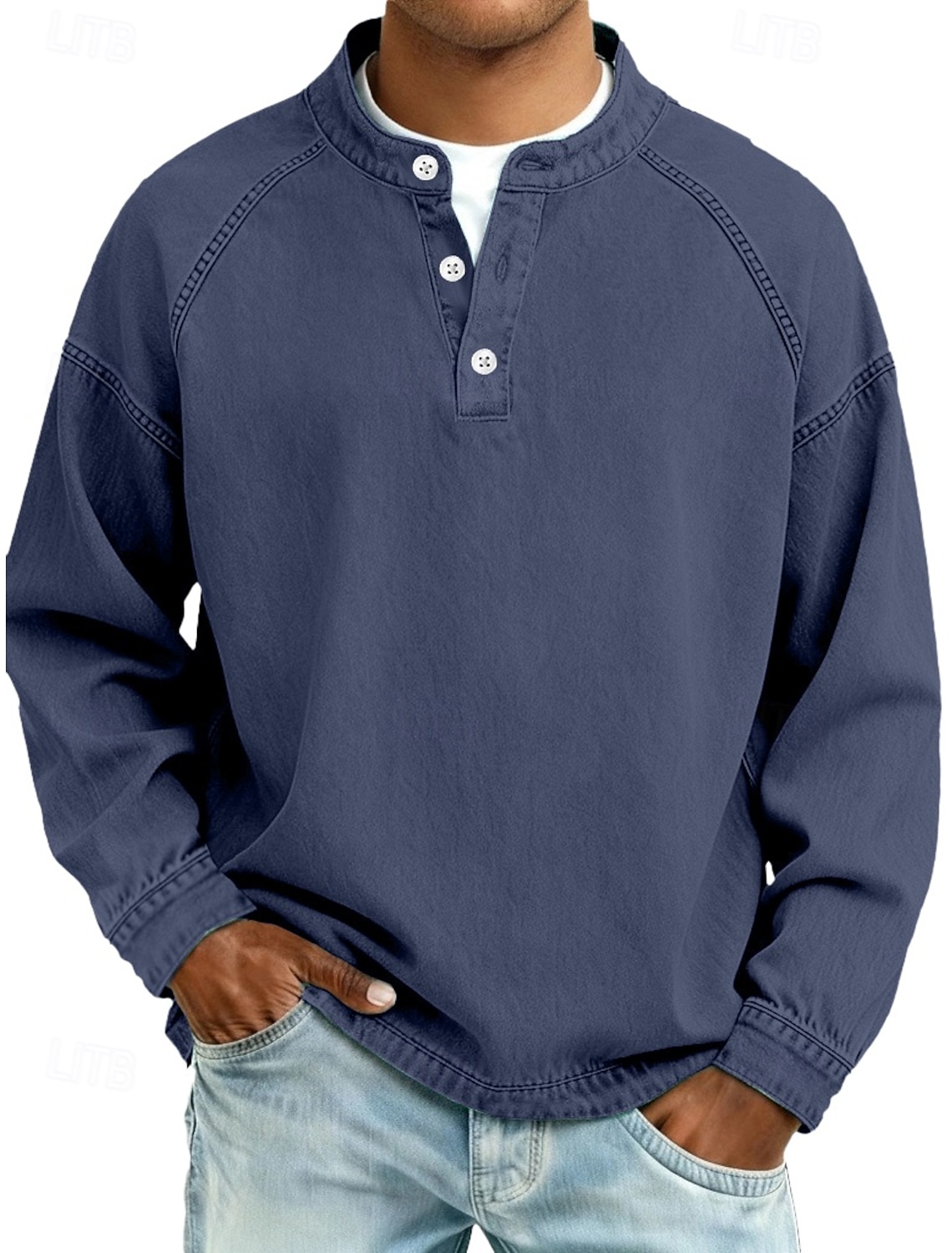 Men's T Shirt Henley Shirt 100% Cotton Acid Wash Shirt Tee Top Long Sleeve Plain Vintage Streetwear Casual Washed Raglan Sleeves Stand Collar Henley Casual Home Street Spring Fall Fall & Winter Black