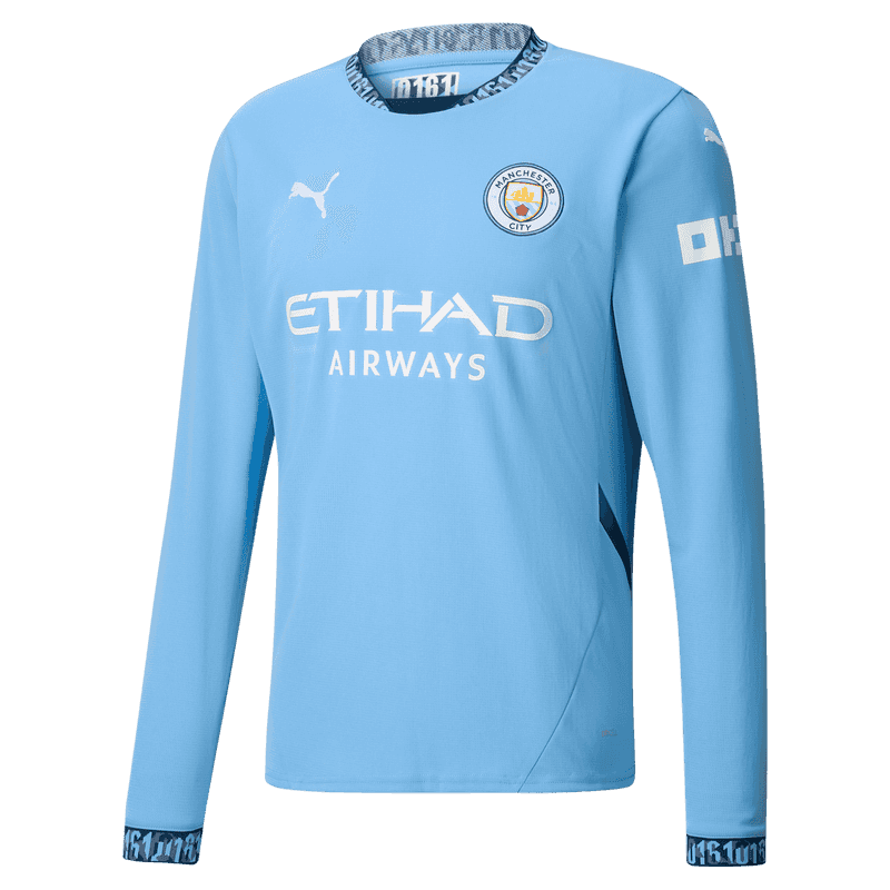 Manchester City's Manuel Akanji 25 Home Long Sleeve Jersey for the 24-25 season.