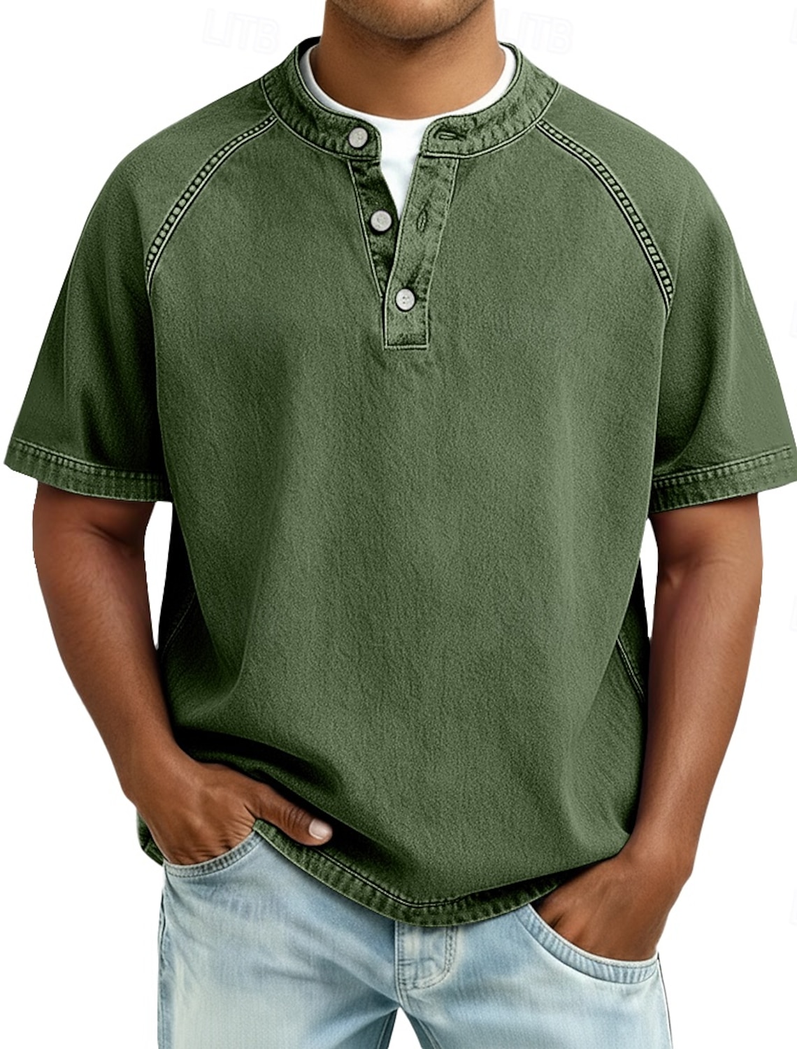 Men's T Shirt Henley 100% Cotton Acid Wash Tee Top Short Sleeve Plain