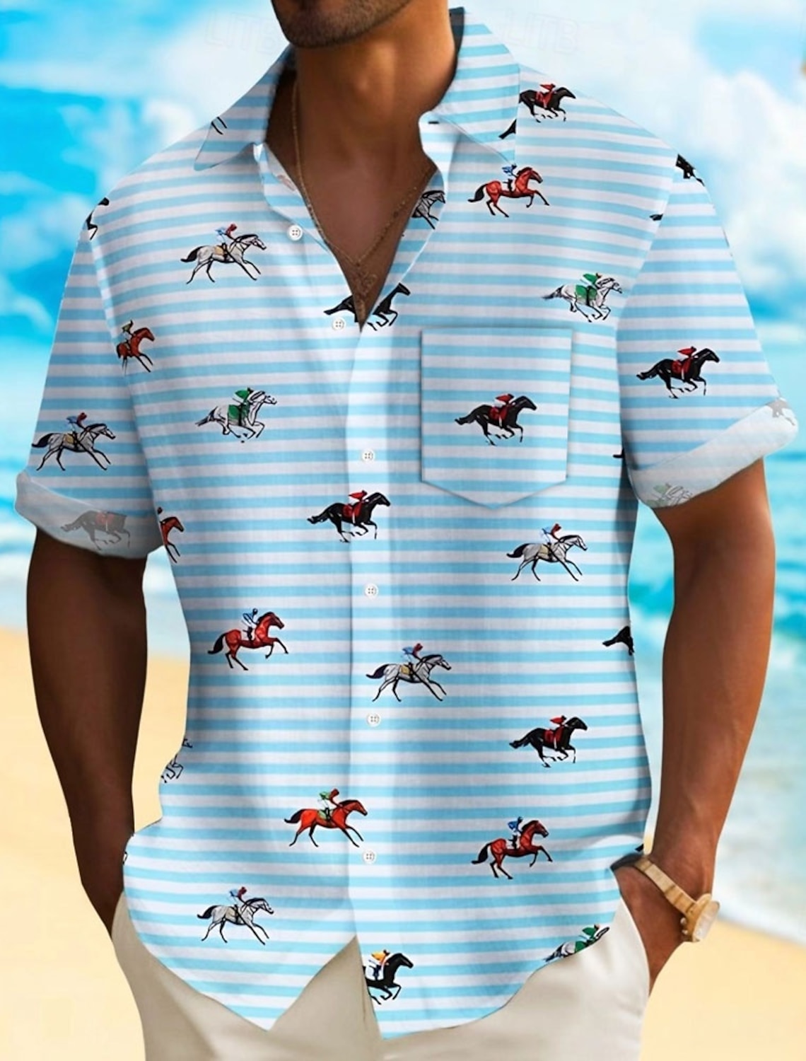 Kentucky Derby Men's Striped Horse Racing Shirt Casual Button Up Short