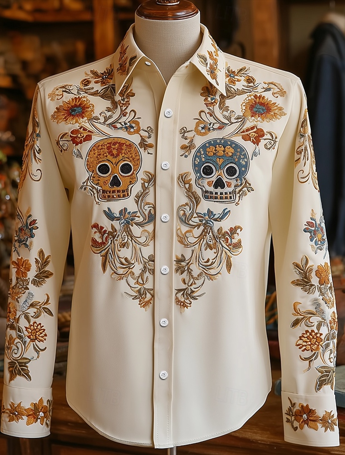 Men's Skull Floral Print Day of the Dead Shirt Western Cowboy Long