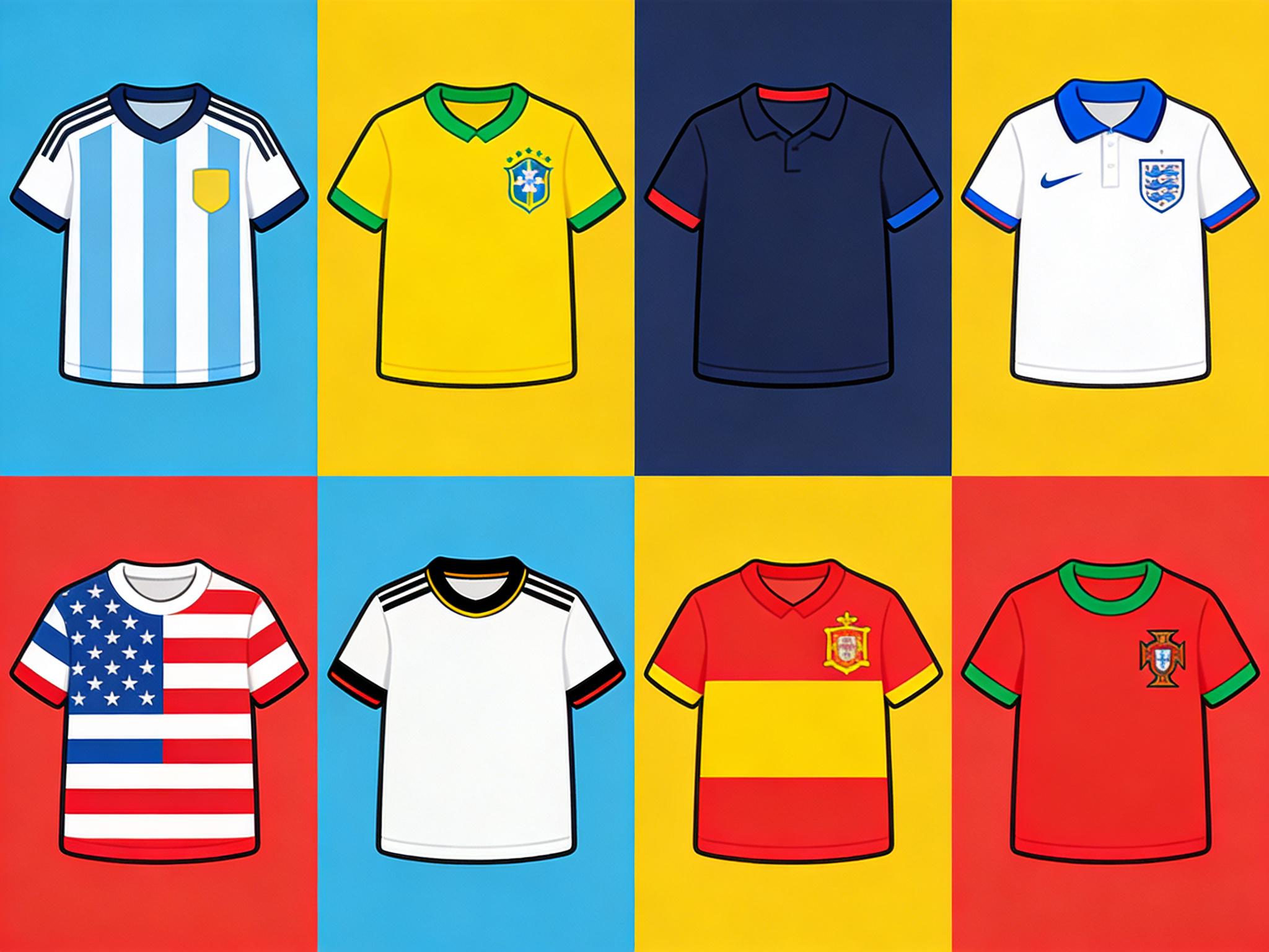 A colorful grid of 6-8 popular national team jerseys for kids (e.g., Argentina, Brazil, France, England, USA, Germany, Spain, Portugal).
