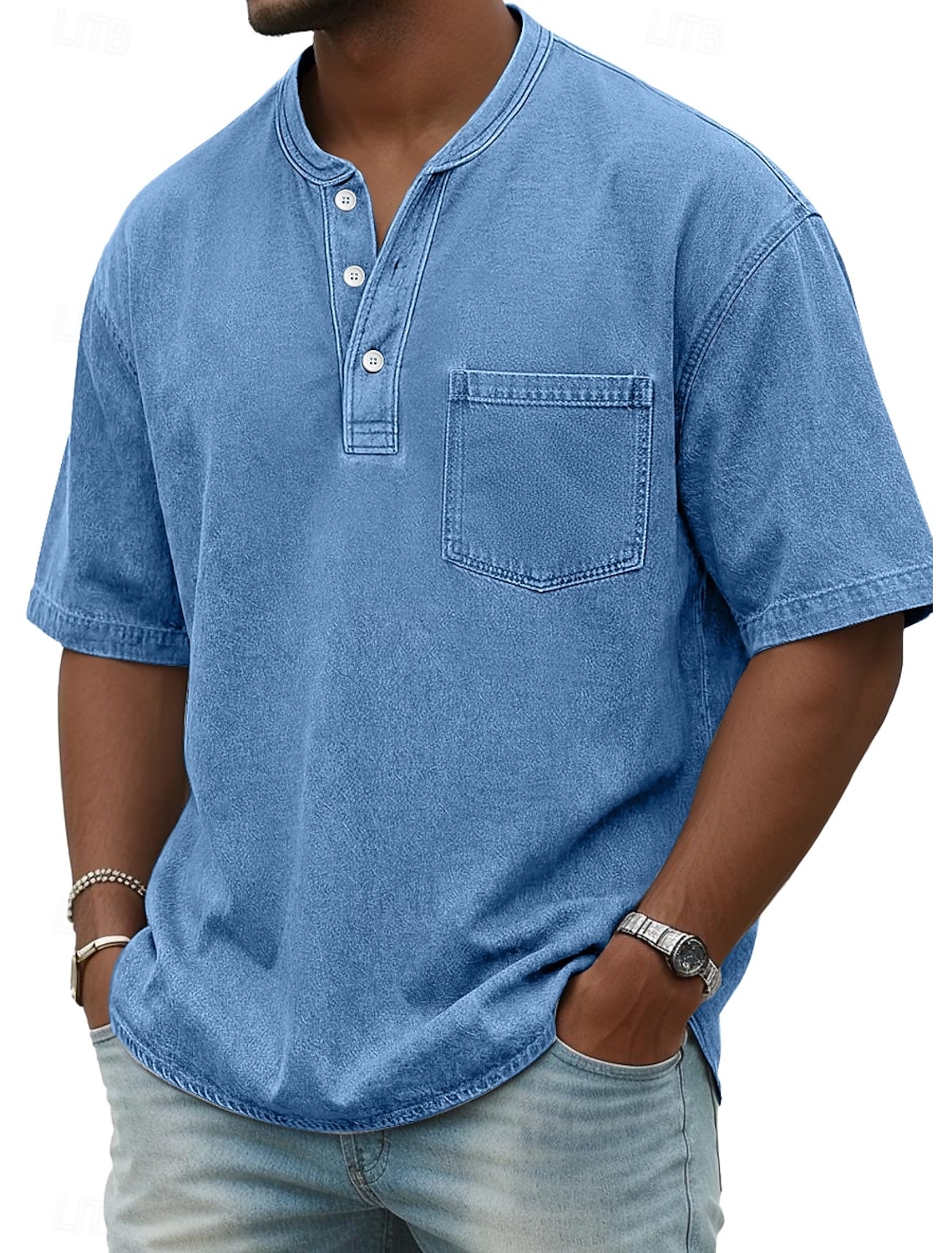 Men's Henley Shirt 100% Cotton Acid Wash T Tee Short Sleeve Solid #2