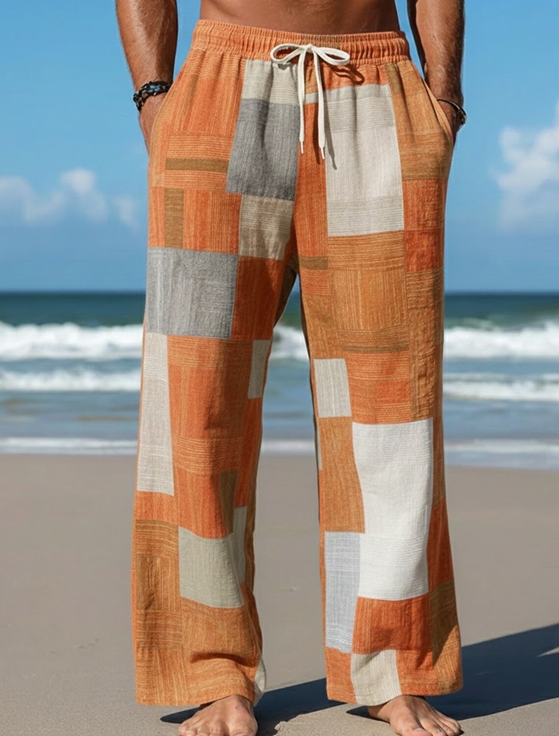 Men's Geometric Color Block Patchwork Trousers Baggy Pants Casual Mid