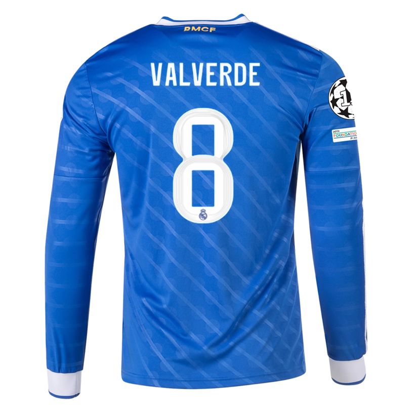 Buy Federico Valverde Real Madrid Long Sleeve Third Soccer Jersey 25/26 Champions League Blue White