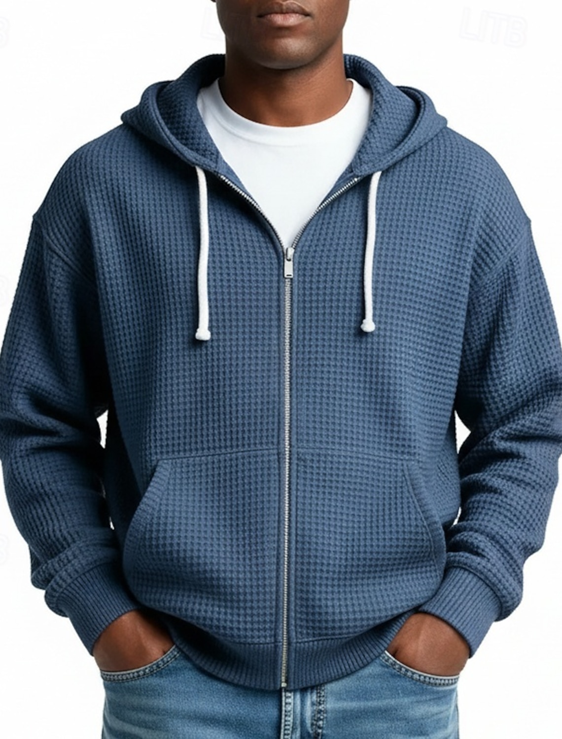 Men's Hoodie Full Zip Waffle Hoodies White Light Green Navy Blue Dark