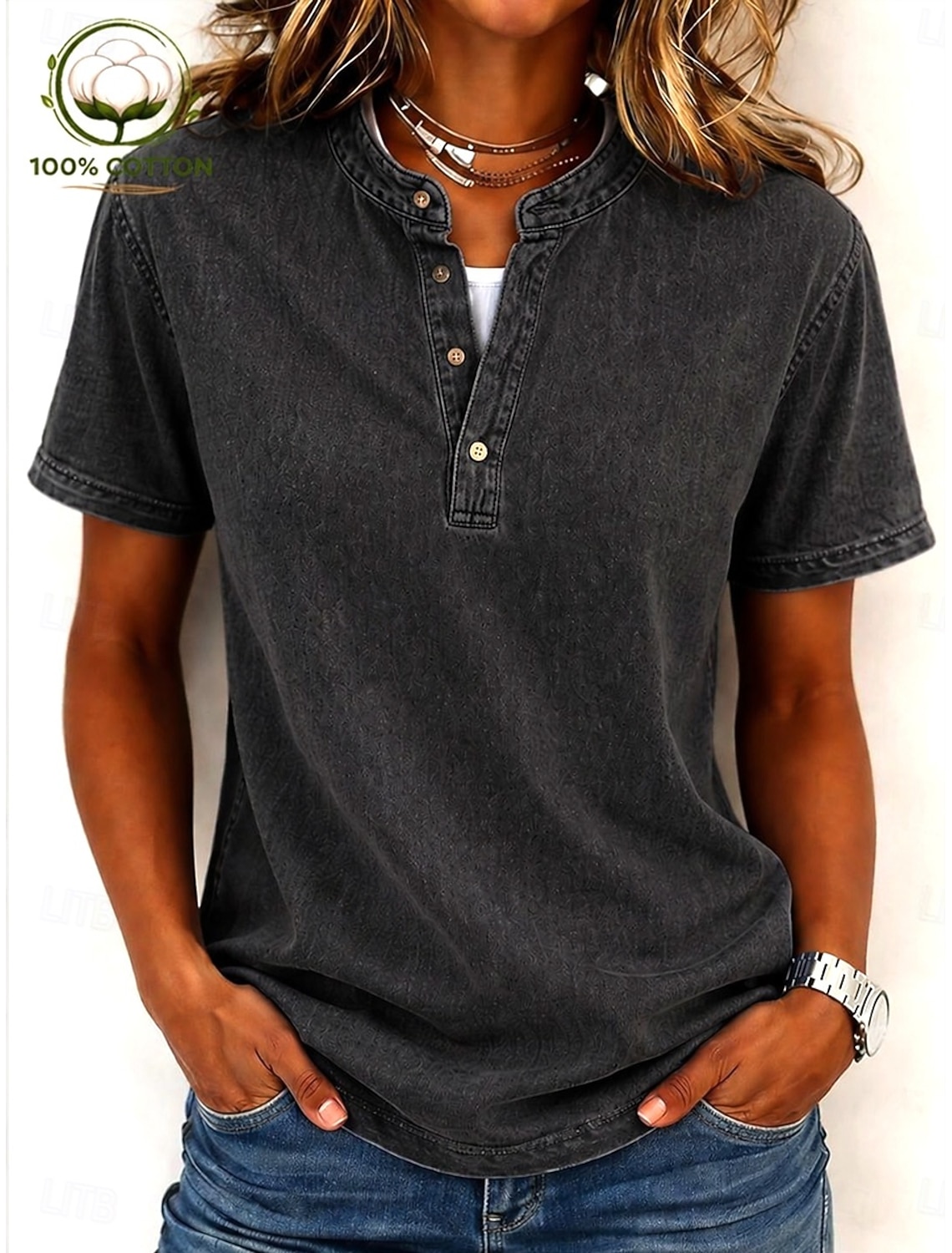 Women's 100% Cotton T-Shirts - Quality Vintage Short Sleeve V Neck Tee