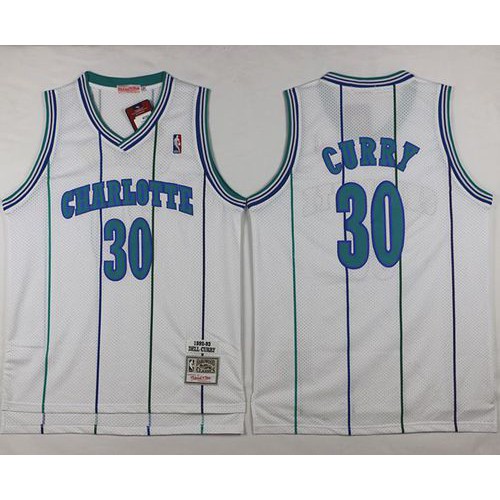 White BKN Charlotte Hornets #30 Mitchell And Ness Breathable Jersey