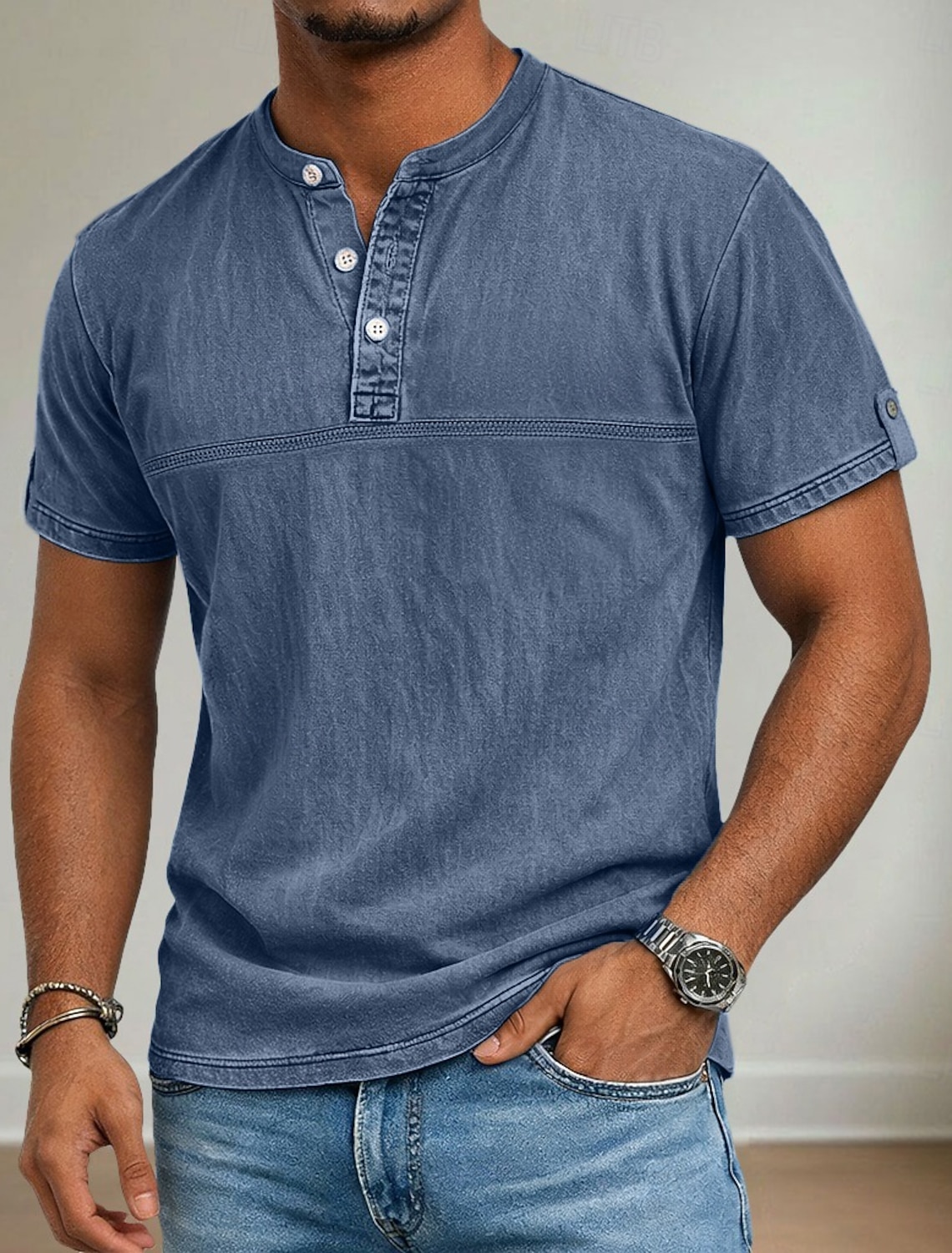 Men's Henley Shirt 100% Cotton Acid Wash Short Sleeve Summer Spring
