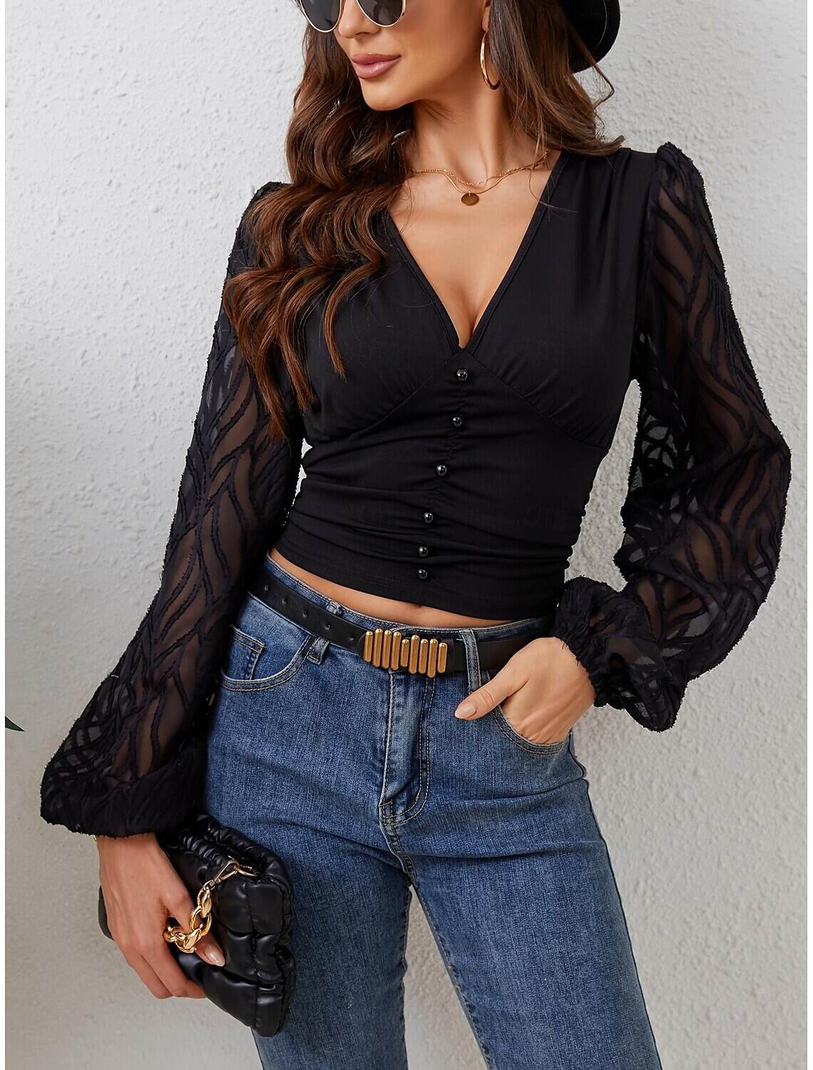 Shirt Blouse Women's Plain Mesh Street Daily Fashion V Neck Regular Fit S