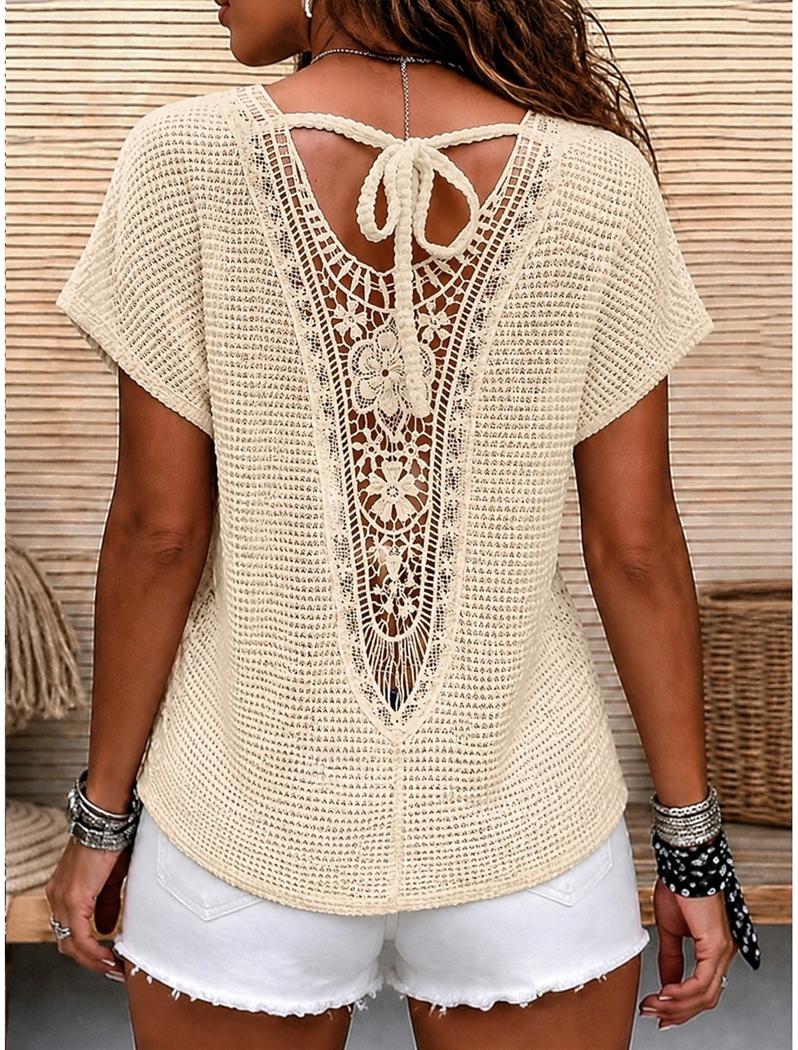 Women's Blouse Lace Solid Color Stylish Casual Short Sleeve V Neck Regular Tops Daily Blue Black White Orange Grey Summer Spring Fall
