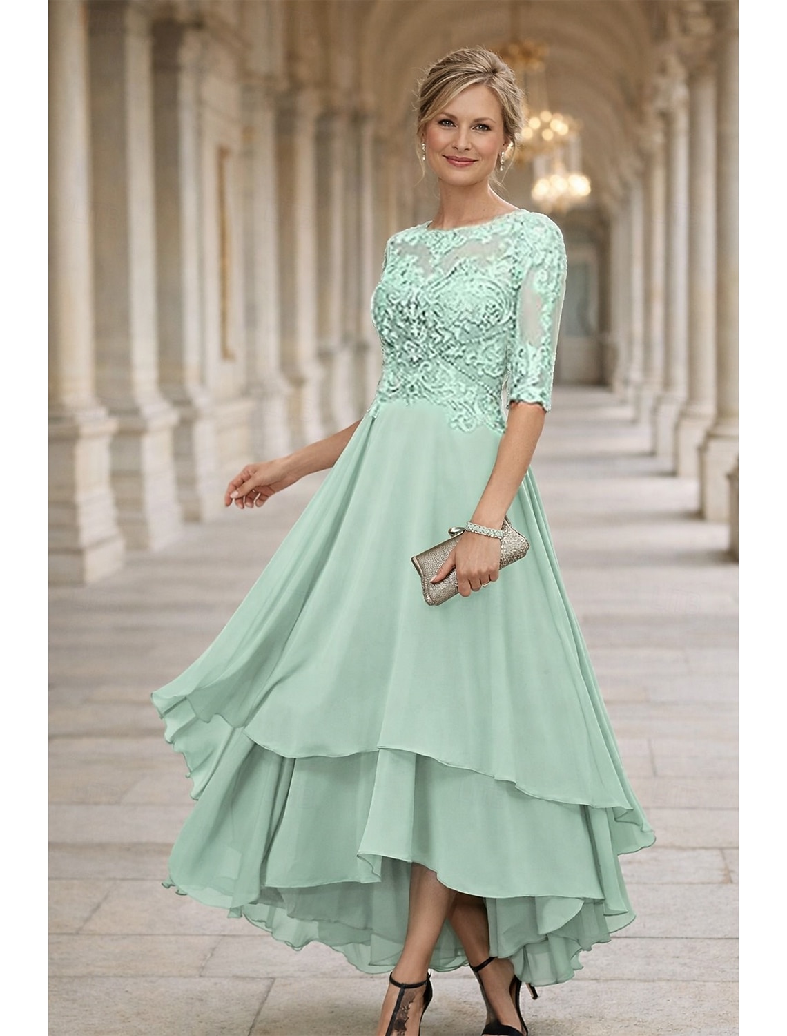 A-Line Asymmetrical Party Dress Cocktail Dress Wedding Guest Dress Mother of the Bride Dress Half Sleeve Boat Neck Elegant Simple Formal Wedding Guest with Solid Color