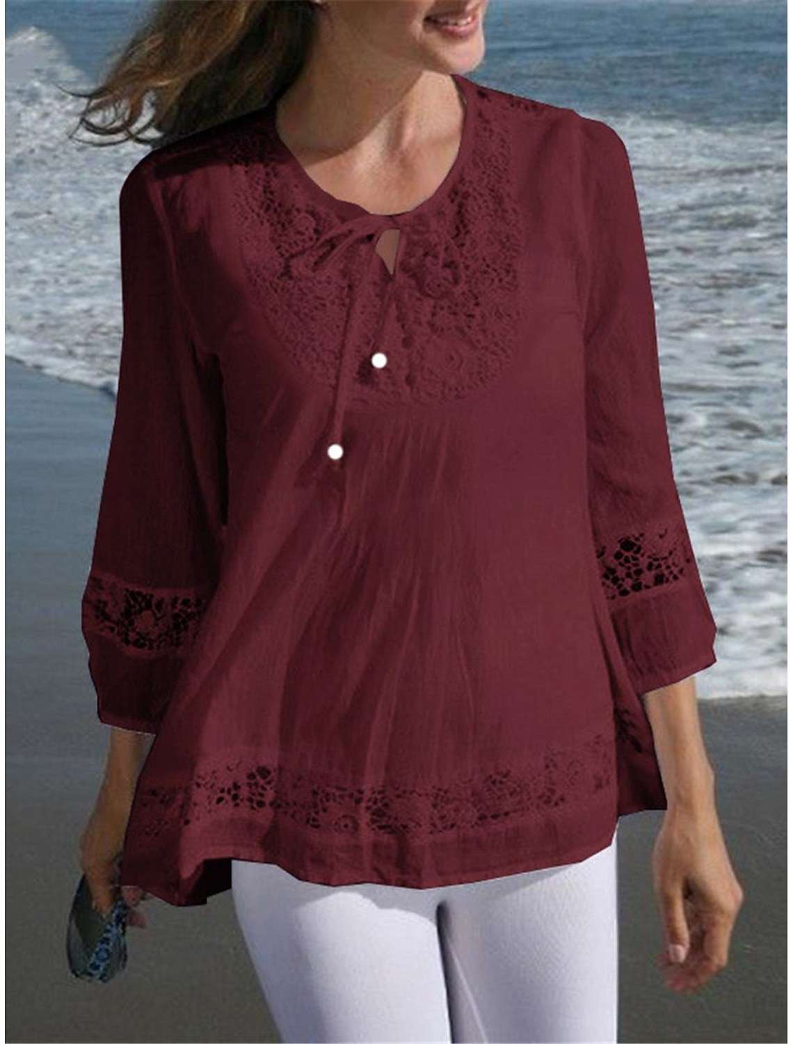 Women's Shirt Cotton Blend Lace Shirt Blouse Lace Patchwork Plain Basic Modern 3/4 Length Sleeve Crew Neck Regular Tops Casual Black White Wine Navy Blue Summer Spring