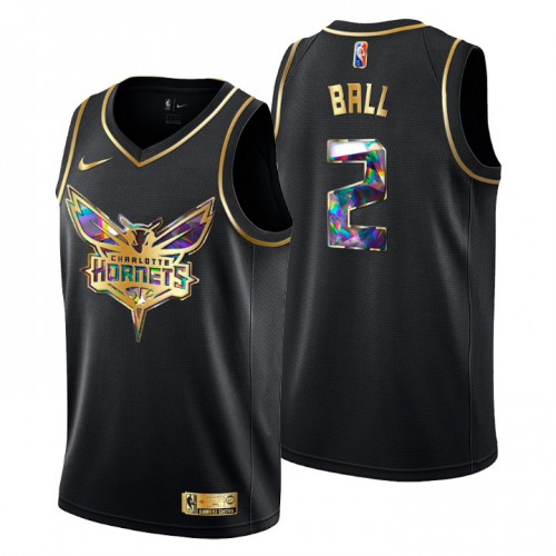 Charlotte Charlotte Hornets #2 Lamelo Ball Mens Golden Edition Diamond Logo 2021/22 Swingman Jersey ¨C Black Mens