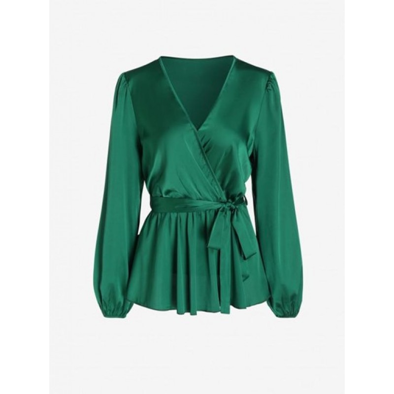 V Neck Belted Surplice Blouse TD7726